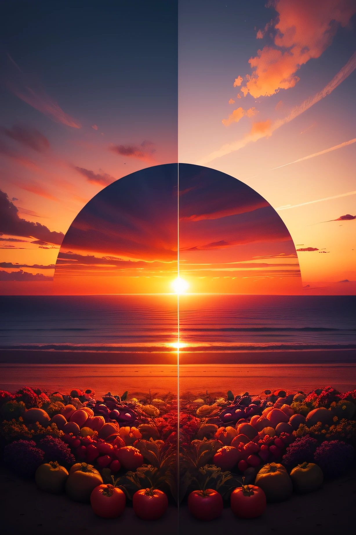Create a sunset image with a horizon made of colorful and healthy vegetables and place the horizon as a portal to another dimension