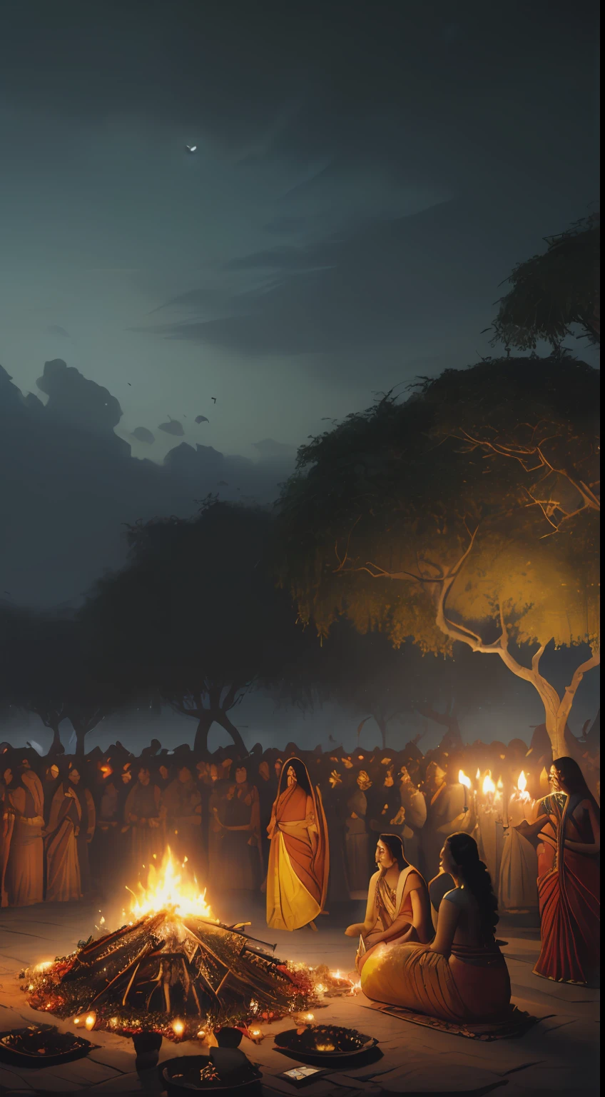 (masterpiece, realistic style, Greg Rutkowski style:1.3, high resolution:1.2), Indian funeral pyre, (fiery glow:1.2), mourning crowd, women in colorful sarees, men in dhotis, river Ganges, distant ghats, flickering oil lamps, ceremonial offerings, (haunting banyan trees:1.1), twilight setting, vibrant colors, side view, close-up.