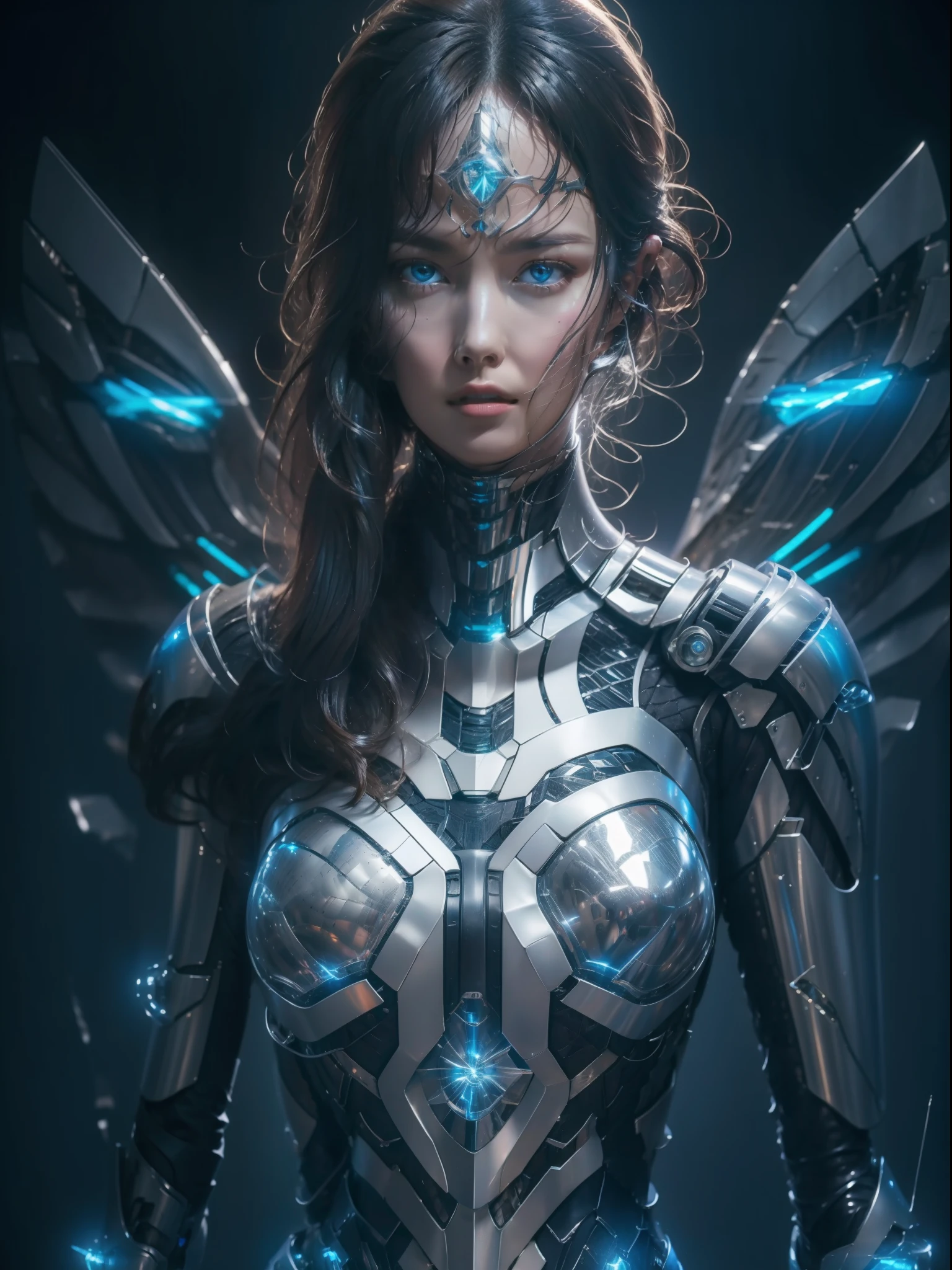 A beautiful 8K wallpaper that is completely opposite,On the left is the realistic girl,Delicate black leather clothing,White wavy detail hair,Hold a gun in your hand and point it to the right,On the right is the absurd silver-blue lustrous mech,Silver mech off wing detail