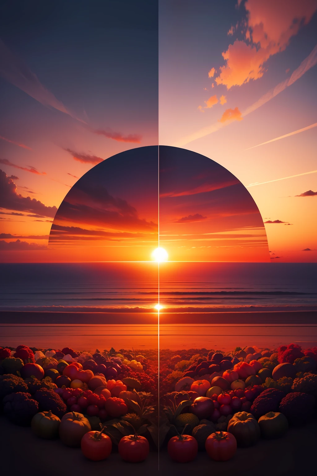 Create a sunset image with a horizon made of colorful and healthy vegetables and place the horizon as a portal to another dimension