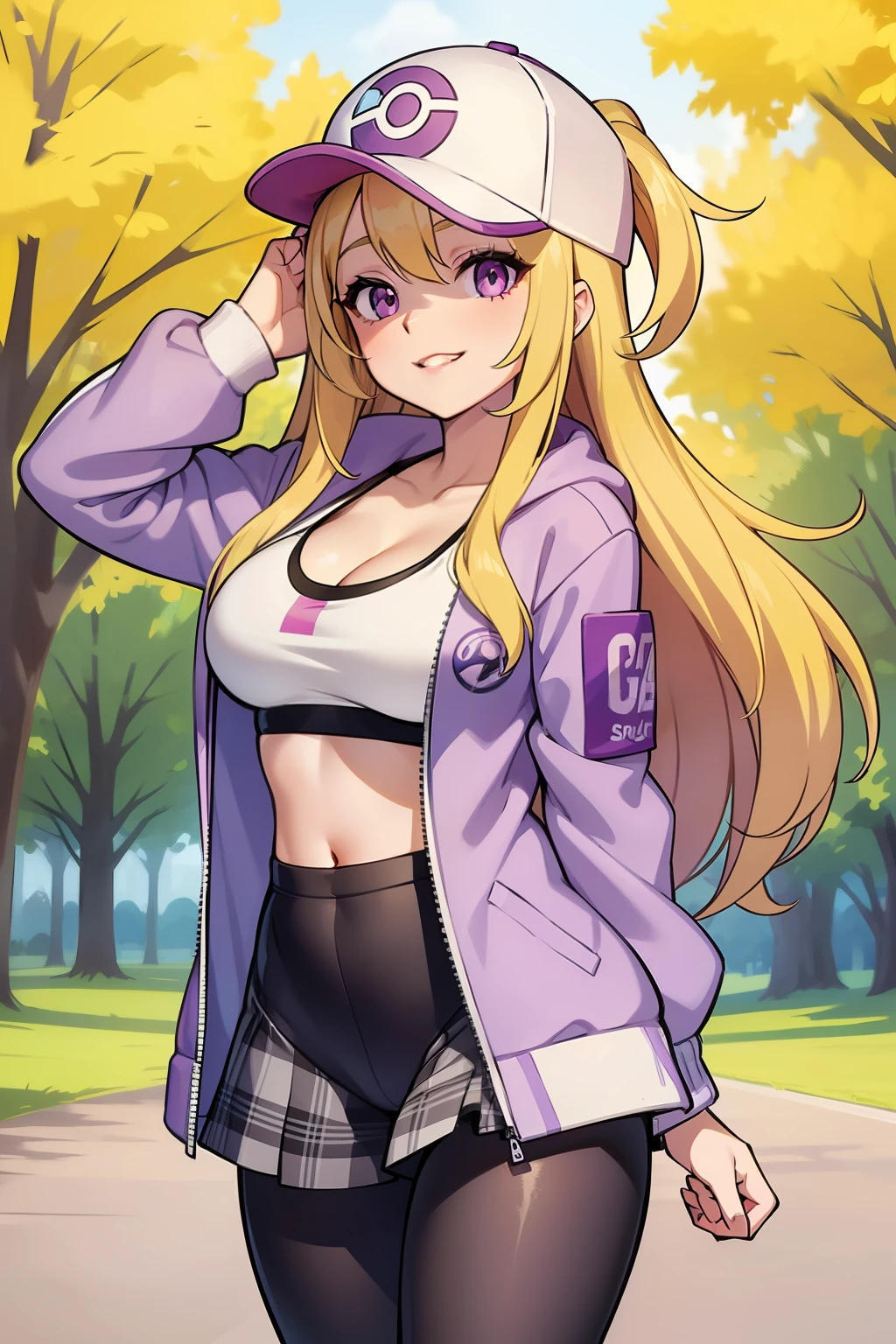 bust art of a cute anime girl, 1girl, c-cup breasts, long blonde hair, straight hair, (purple eyes), (white and black baseball cap), (grey jacket), (purple plaid skirt), (grey tights/leggings), walking in the park, park scenery, cute face, beautiful smile, pokemon girl, full lips, pink lipstick, glossy lip, 24 years old, hourglass figure, sports bra