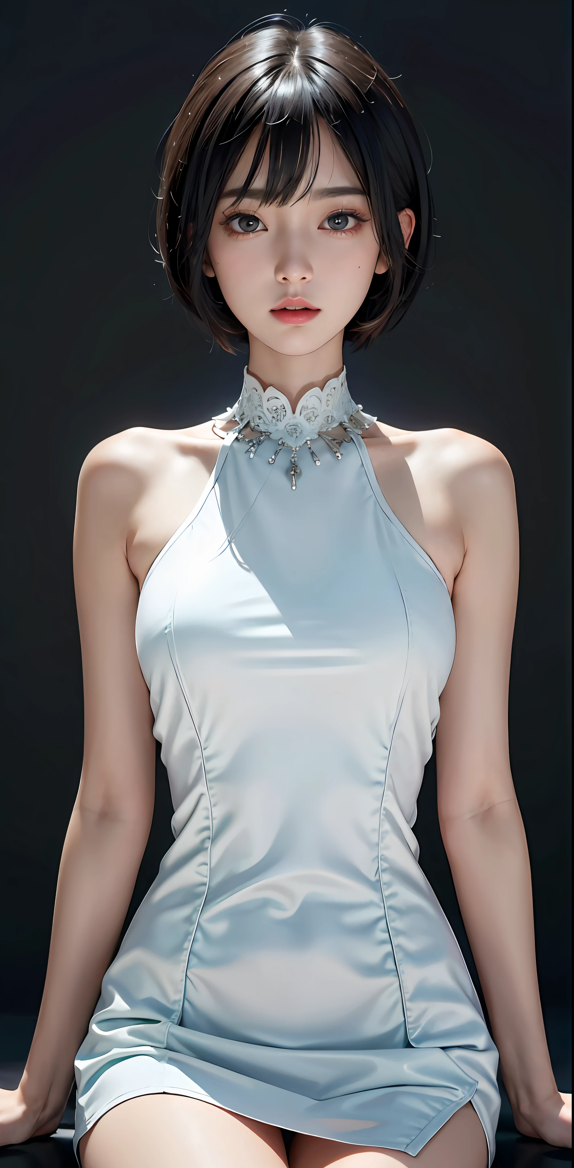 masterpiece, 1 beautiful girl, detailed eyes, puffy eyes, best quality, ultra high definition, (reality: 1.4), original photo, 1girl, cinematic lighting, Japan, asian beauty, korean, super beautiful, beautiful skin, slender, body facing front, (ultra-realistic), (high resolution), (8K), (very detailed), (best illustration), (beautifully detailed eyes), (ultra detailed) , detailed face, looking at the viewer, facing straight ahead, neat clothes, sleeveless, short hair, black hair, 46 points diagonal bangs, room based on white background tone, neat atmosphere,