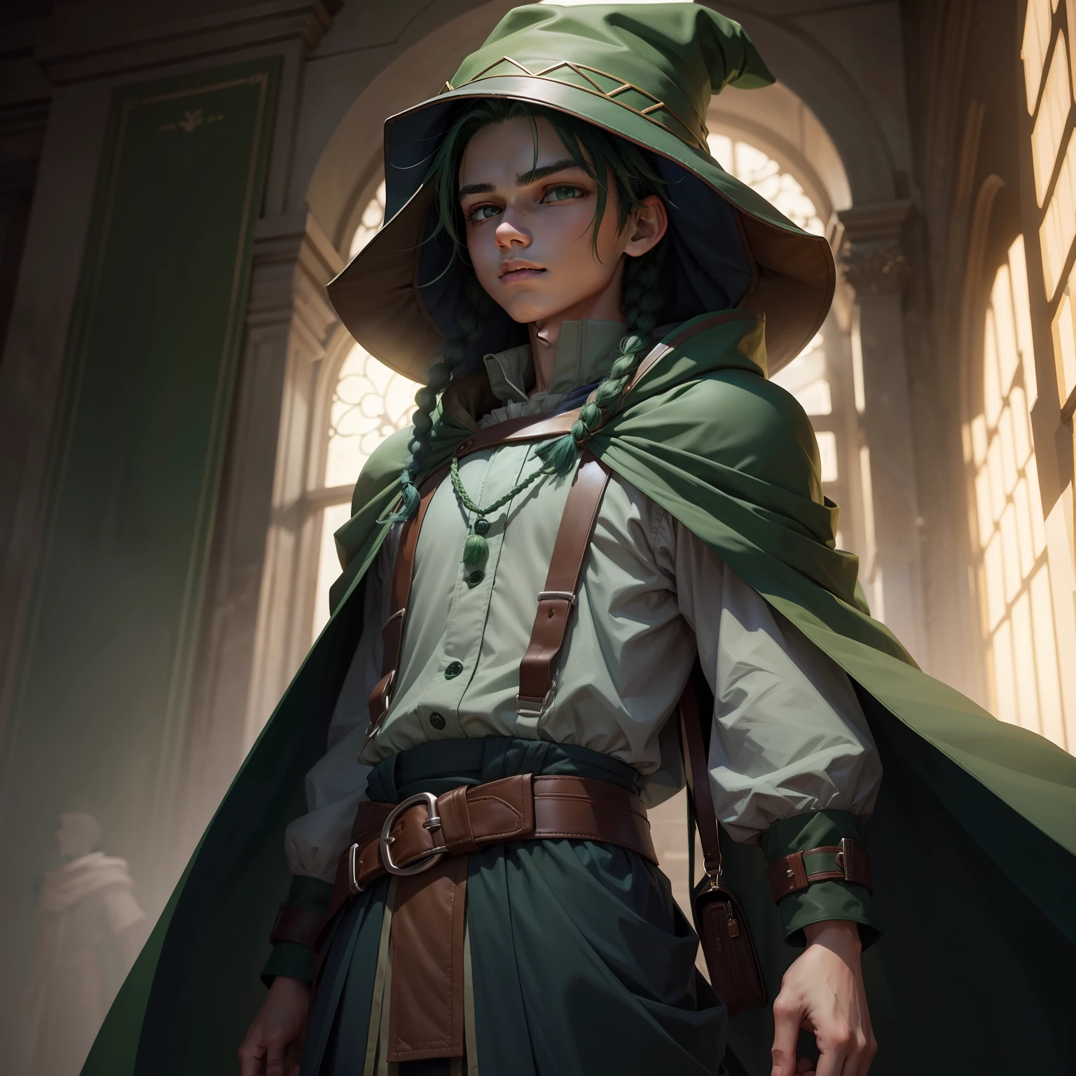 Two-dimensional boy，Man，Green hat，Green cloak，laughingly，dardark blue hair，Two braids，Wide shoulders，Boy student