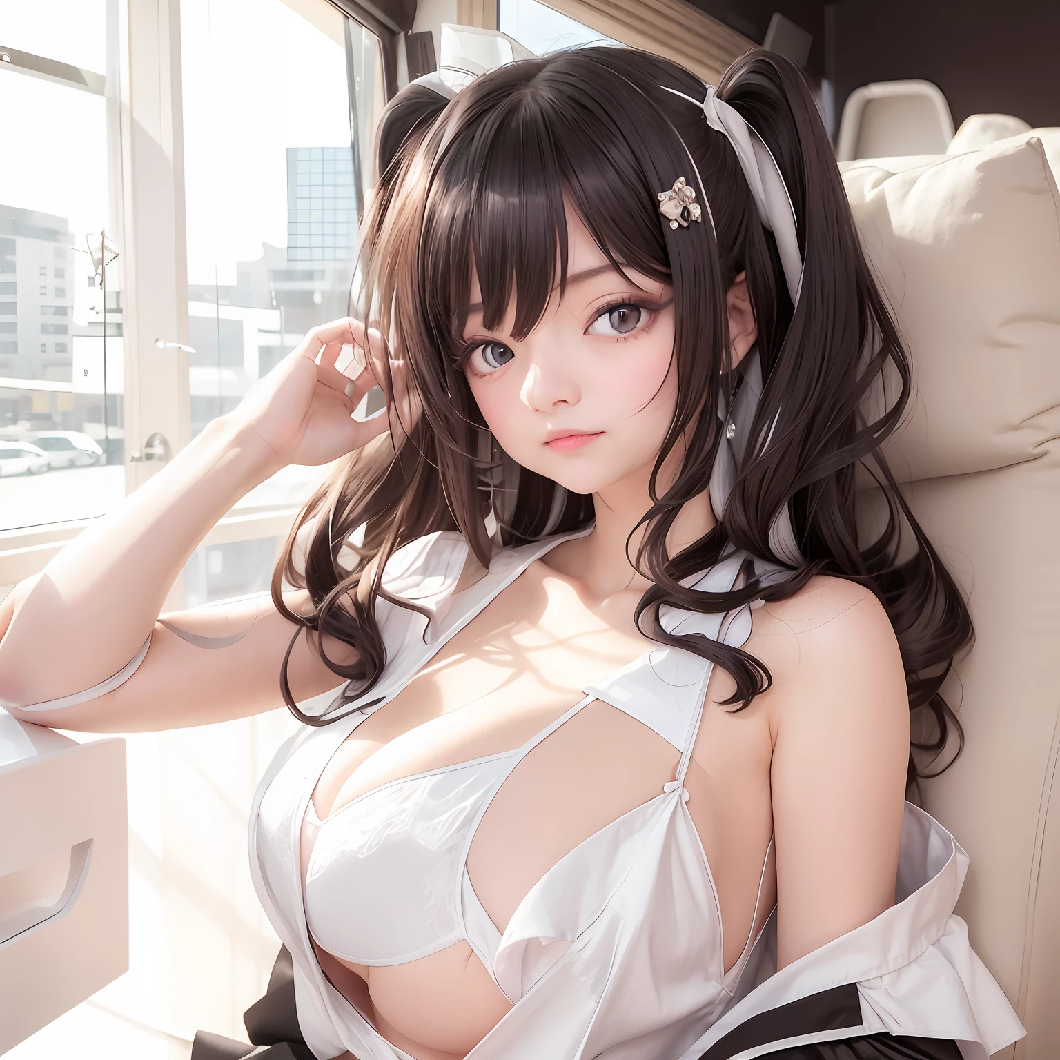 ((Li Yitong)),8K,Best picture quality,tmasterpiece,1.2x weighting),10000 cute、independence、beuaty girl,super detailing,Sky and café details,Night dates,sitted(Nose Red),humongous large breast、Seductive breasts,cleavage,Shy,Sweet smile(smile1.15),Deep beautiful eyes,There are big eyes of God,Short black dress,White silk stockings,White collared shirt,Professional dresses,Long, White flowing hair,NovaFrog style,nakeness,Sateen,catss,By bangs,18yr old,Young high school students,greybackground,clever,Pure desire,Asian people,Slightly exposed