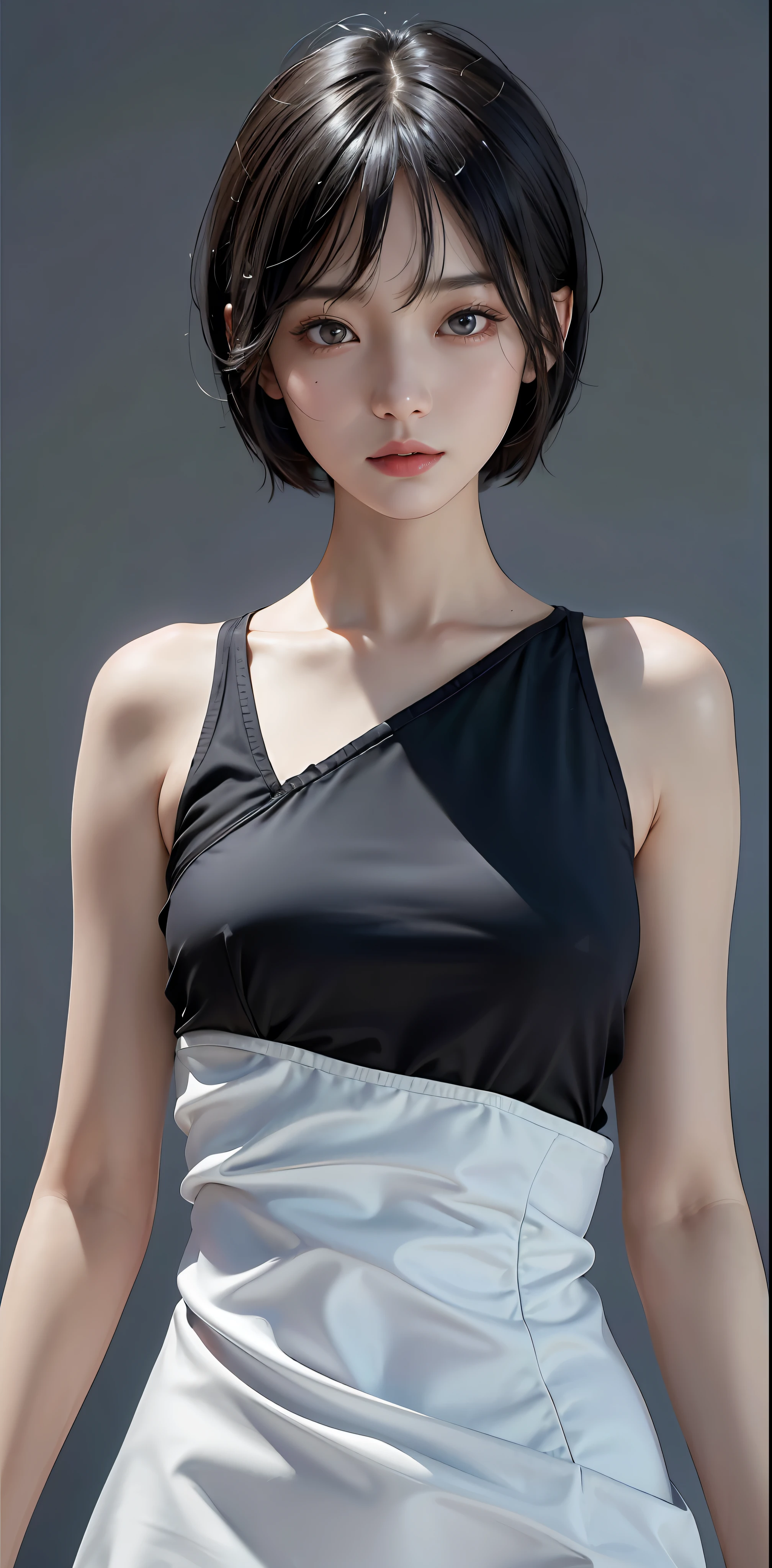 masterpiece, 1 beautiful girl, detailed eyes, puffy eyes, best quality, ultra high definition, (reality: 1.4), original photo, 1girl, cinematic lighting, Japan, asian beauty, korean, super beautiful, beautiful skin, slender, body facing front, (ultra-realistic), (high resolution), (8K), (very detailed), (best illustration), (beautifully detailed eyes), (ultra detailed) , detailed face, looking at the viewer, facing straight ahead, neat clothes, sleeveless, short hair, black hair, 46 points diagonal bangs, room based on white background tone, neat atmosphere,