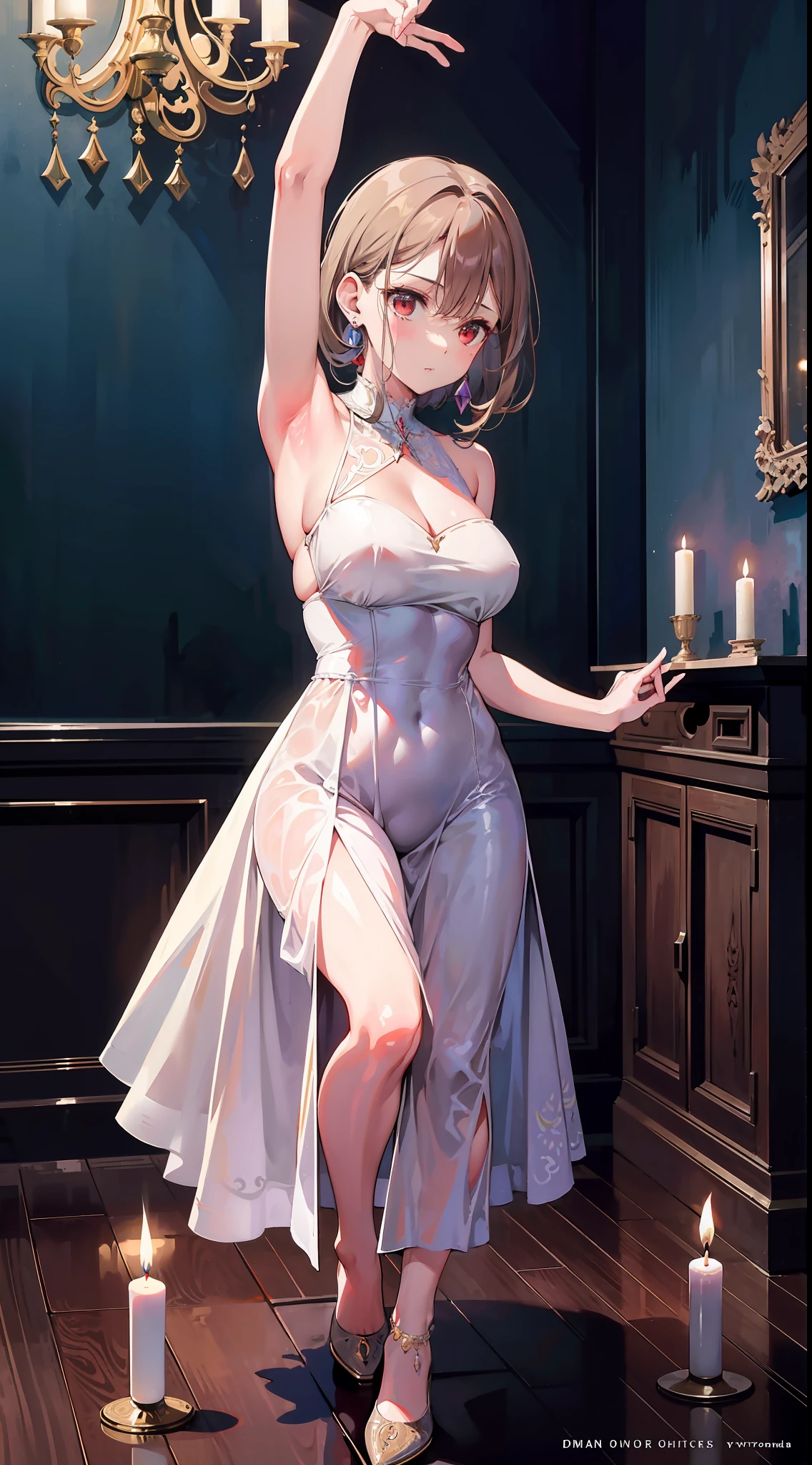 Una imagen en estilo art nouveau. A woman dances in a dark room lit by several candles, Su sombra reflejada en la pared tiene la forma de un demonio..