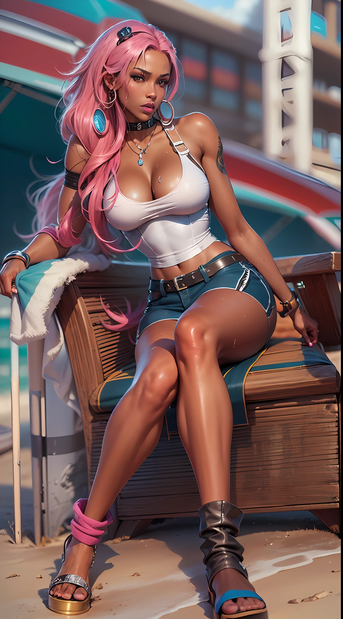 ((ultra resolution image)), ((HDR MORE)), ((ultra realistic modeling)), highest resolution, ((8k)), tall female Black , 21 years old, brown skin , wet pink lips, medium breasts, hips medium height , thick thighs , body ( leona the king of fighters game ), cyberpunk clothes , beach , beach chair , sweaty skin, ultra long blue hair