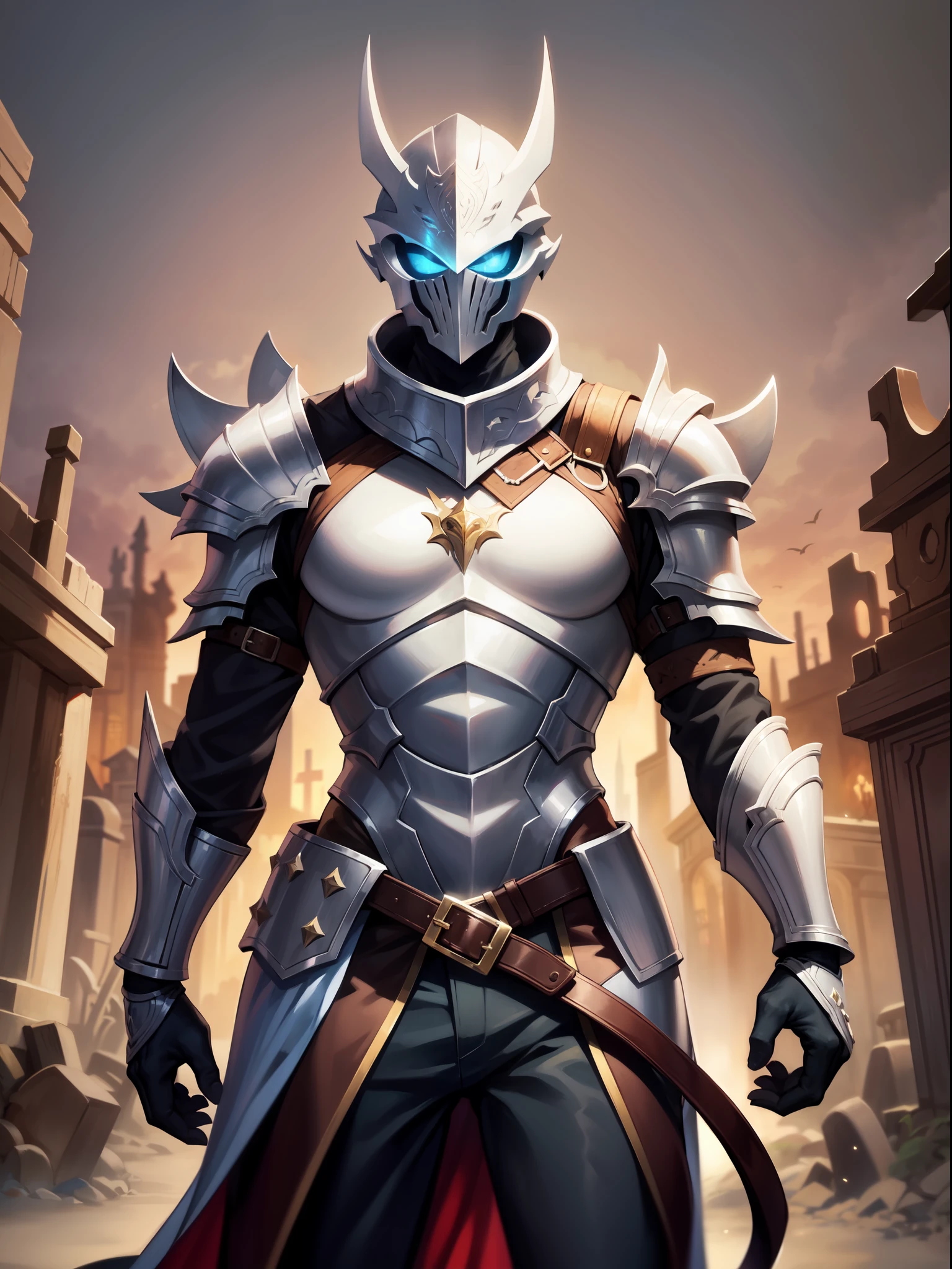 character focus,top-quality,((cowboy  shot)),a human,villain,Fantasia,４One finger and one thumb,Fantasy-style white full-body armor,Full face white helmet,dark backgrounds,Graveyard silhouette