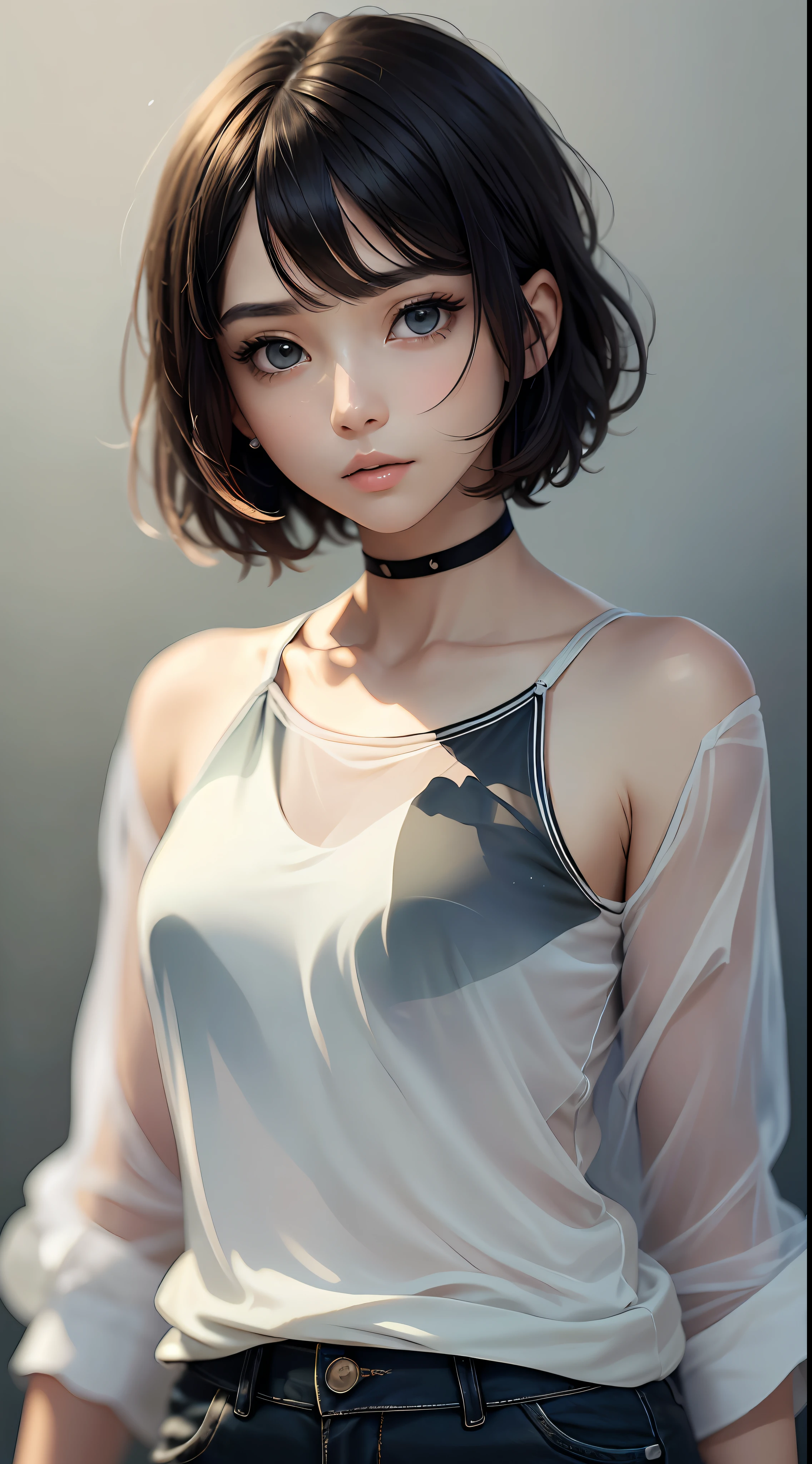 (Masterpiece), (high quality), (ultra detailed), (short hair), (illustration), (1girl), (casual clothes), standing, model, looking at the viewer, (photo essay), (blurred background), beautiful detailed eyes, beautiful and delicate face, black skin, floating, (low saturation), (bright), focus on facial expression, black hair, side bangs,