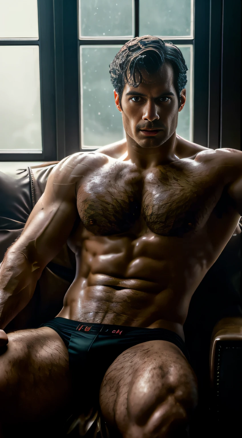 A photorealistic portrait of a Henry Cavill with short hair, shirtless, naked and with pubic hair in evidence, showing his armpits, sitting in a luxurious armchair, a Renaissance film still in the style of Zack Snyder, winner of the tumblr contest, hurufiyya, Renaissance painting, candles in the background, candlelight, cinematic lighting. photography, detailed symmetrical realistic face, extremely detailed natural texture, peach fuzz, long hair, masterpiece, absurdists, nikon d850 film stock photography, kodak portra 400 camera f1.6 lens, extremely detailed, amazing, fine details, hyper realistic texture, dramatic lighting, unrealengine, trend in artstation, cinestill 800 tungsten, looking at the viewer, realistic photo, RAW photo, TanvirTamim, high quality, Highres, sharp focus, extremely detailed, cinematic lighting, 8K UHD, -imagine-