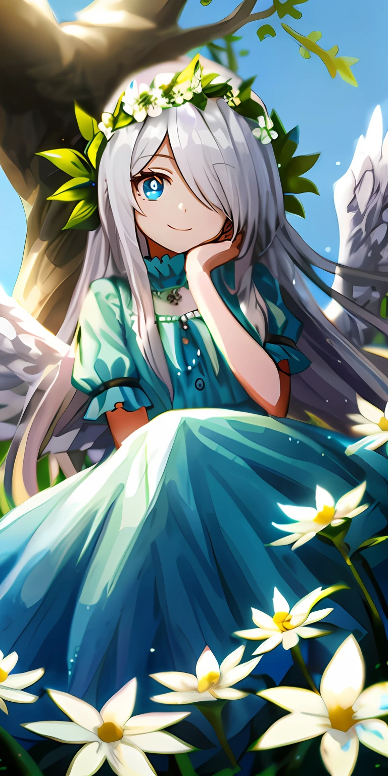 (tmasterpiece,best qualtiy),A long-haired loli with white hair sits in a tree-lined flower field,She has blue pupils,Her left hand rests under her chin,She wears a garland,Hair covers the right eye,and she smiling,warmly lit,She wore a sky blue dress,She has white wings,Blurred foreground,Eyes look into the distance,Ambiguous