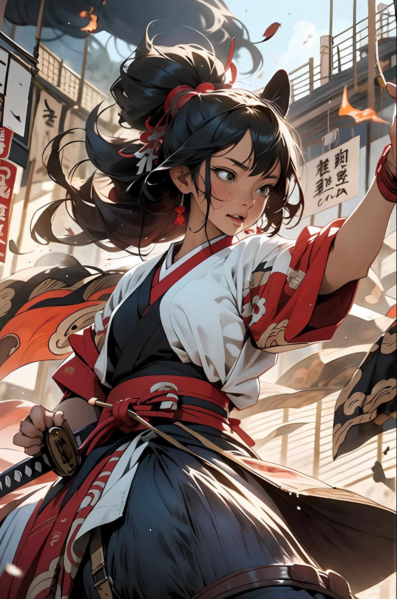 A female Samurai riding a horse holding her Katana dripping blood during a battle, fire in the background , ancient Japan