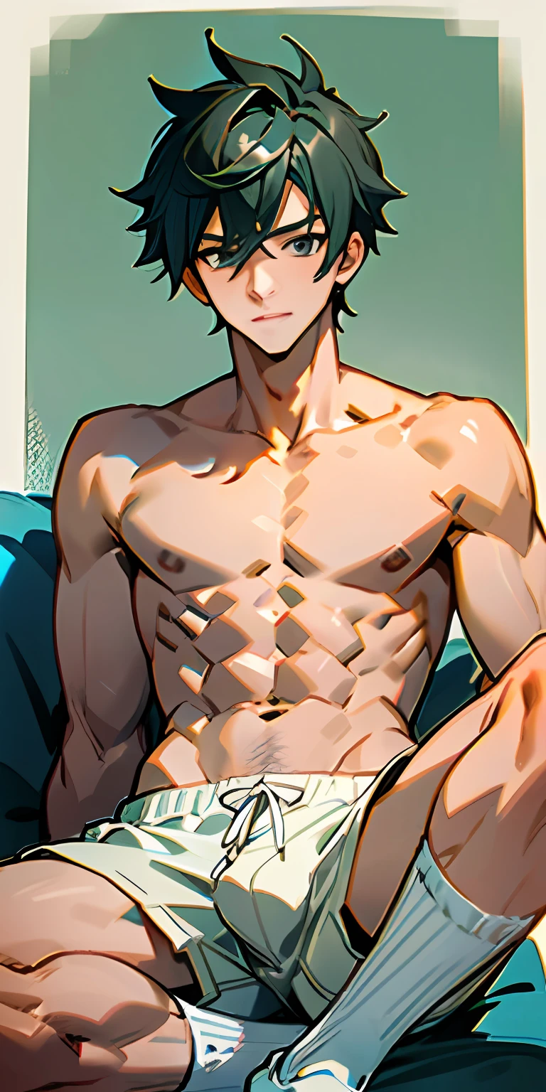 Handsome guy in white socks, abs boy, sunny handsome, anime male protagonist, male high school student, white socks, topless, sports shorts, full body photo, detailed face, bulge, sitting, open legs