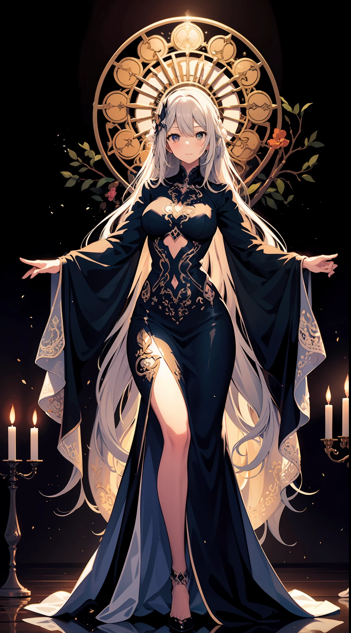 Una imagen en estilo art nouveau. A woman dances in a dark room lit by several candles, Su sombra reflejada en la pared tiene la forma de un demonio..