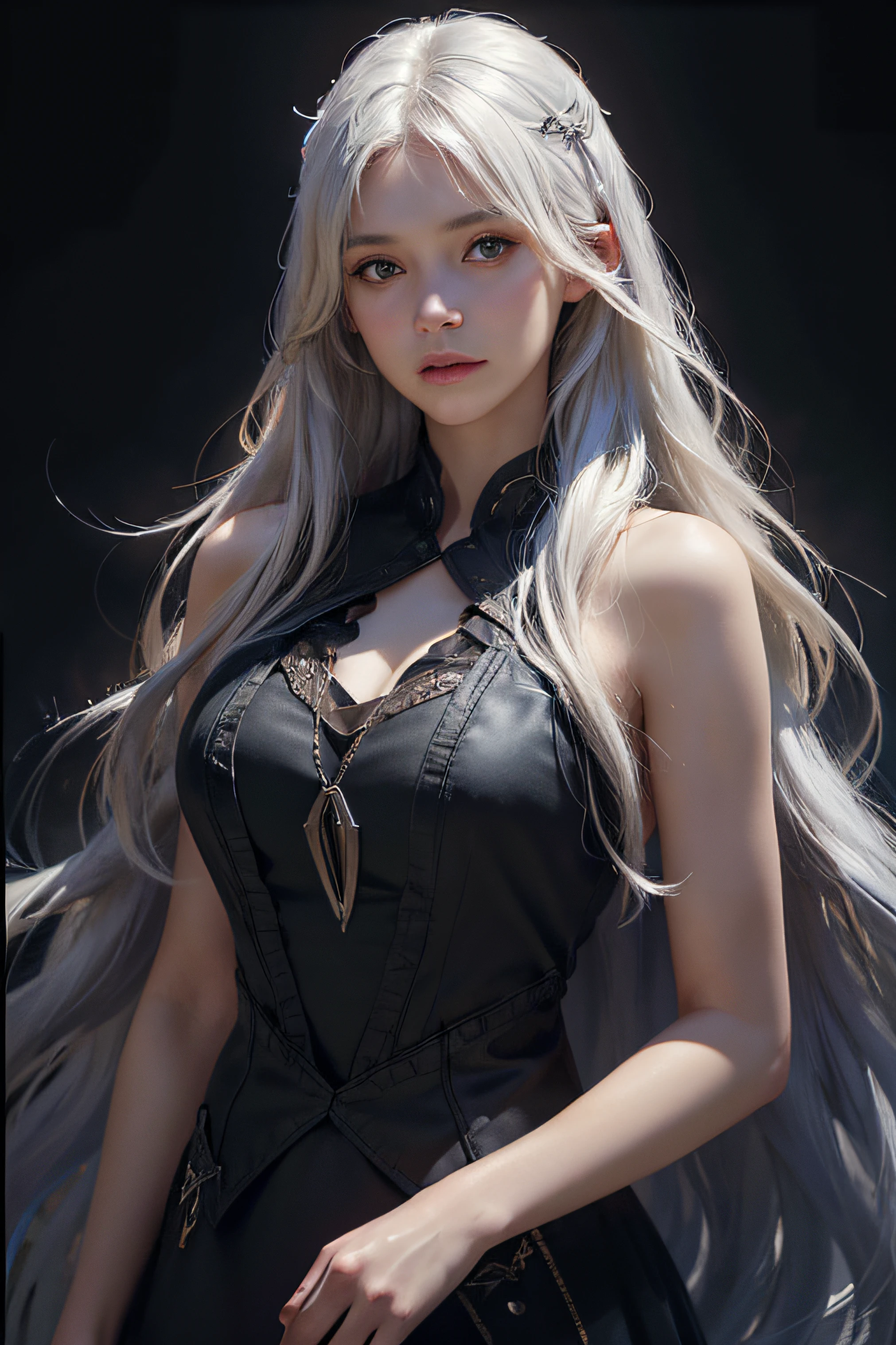 (front focus),(in the dark:1.6),
Hyperrealist portrait of female by david hockney and alphonse mucha,fantasy art, photo realistic, dynamic lighting, artstation, poster, volumetric lighting, very detailed faces, 4 k, award winning,, 1girl, in the dark, deep shadow, low key,cowboy shot,(official clothing:1.4) ,long hair,white hair,