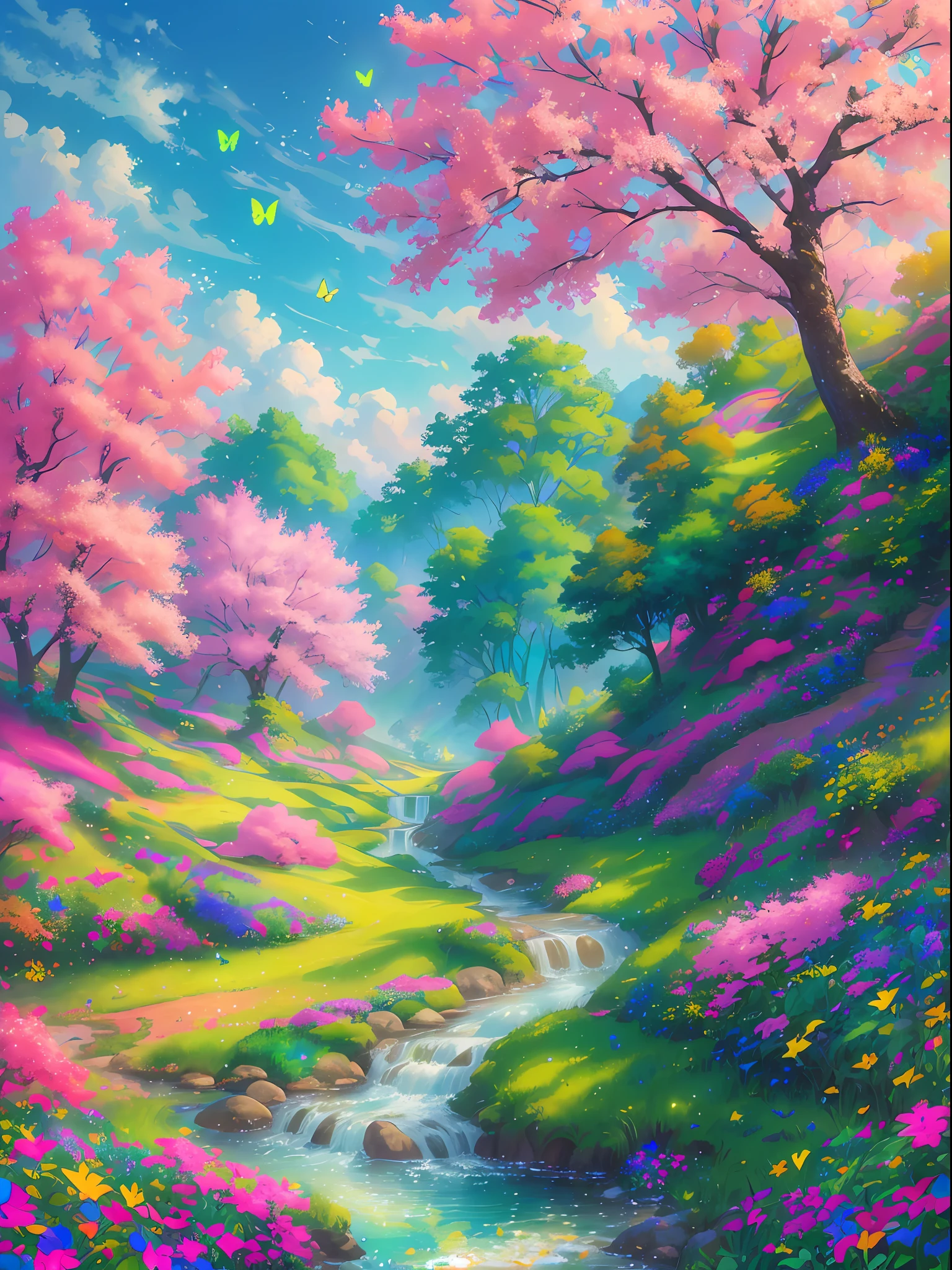 masterpiece, best quality, high quality, extremely detailed cg unity 8k wallpaper, an extremely colorful and purely fantasy environment with vibrant hues and a bright sky, landscape of bright green grass, colorful trees, glittering fruits, and bright blue flowers. the streams are a deep shade of blue, and the air is filled with sweet exotic scents. the environment appears to be taken out of a dream, with luminescent butterflies and giant colorful birds flying around, award winning photography, bokeh, depth of field, hdr, bloom, chromatic aberration ,photorealistic,extremely detailed, trending on artstation, trending on cgsociety, intricate, high detail, dramatic, art by midjourney