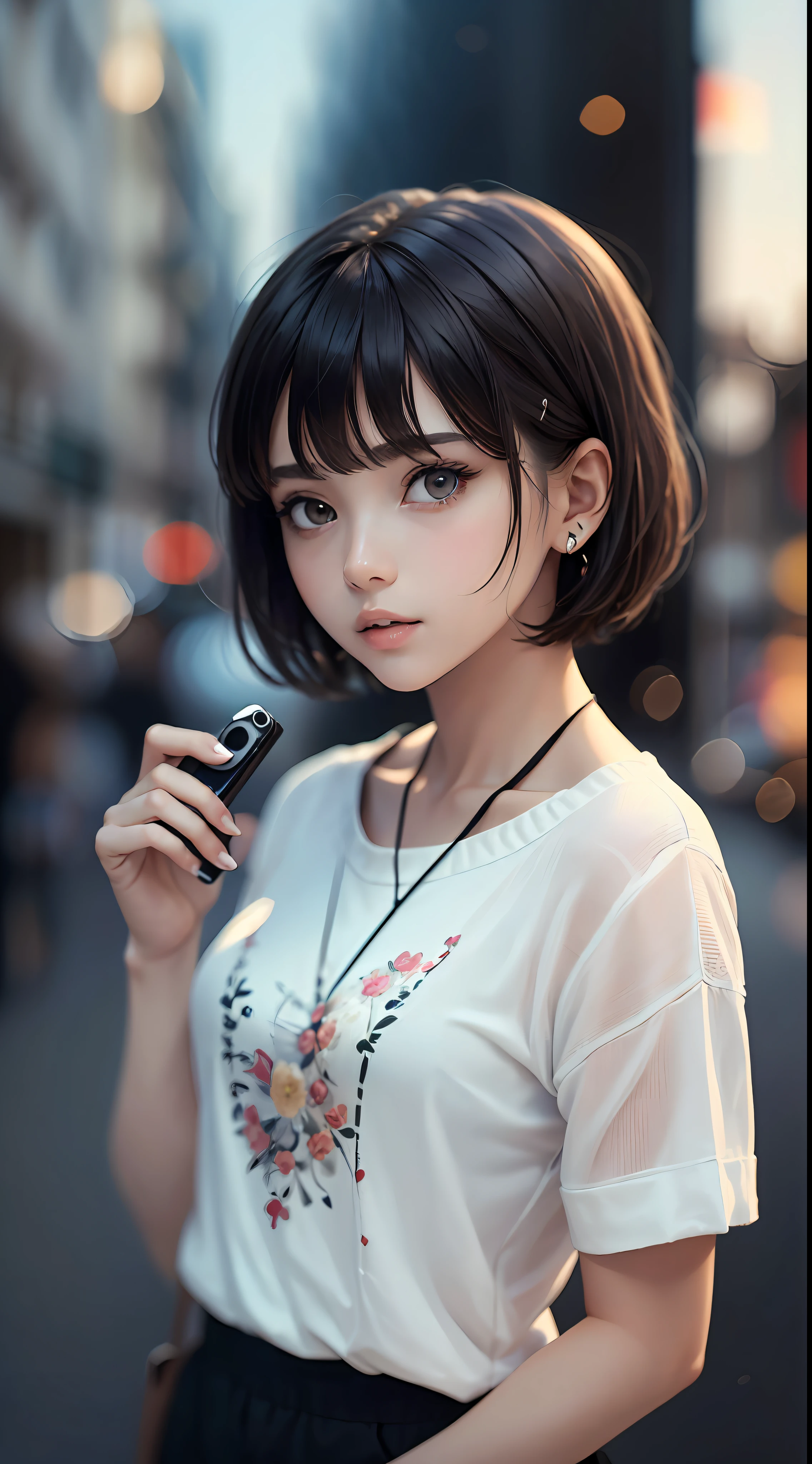 (Masterpiece), (high quality), (ultra detailed), (short hair), (illustration), (1girl), (casual clothes), standing, model, looking at the viewer, (photo essay), (blurred background), beautiful detailed eyes, beautiful and delicate face, black skin, floating, (low saturation), (bright), focus on facial expression, black hair, side bangs,