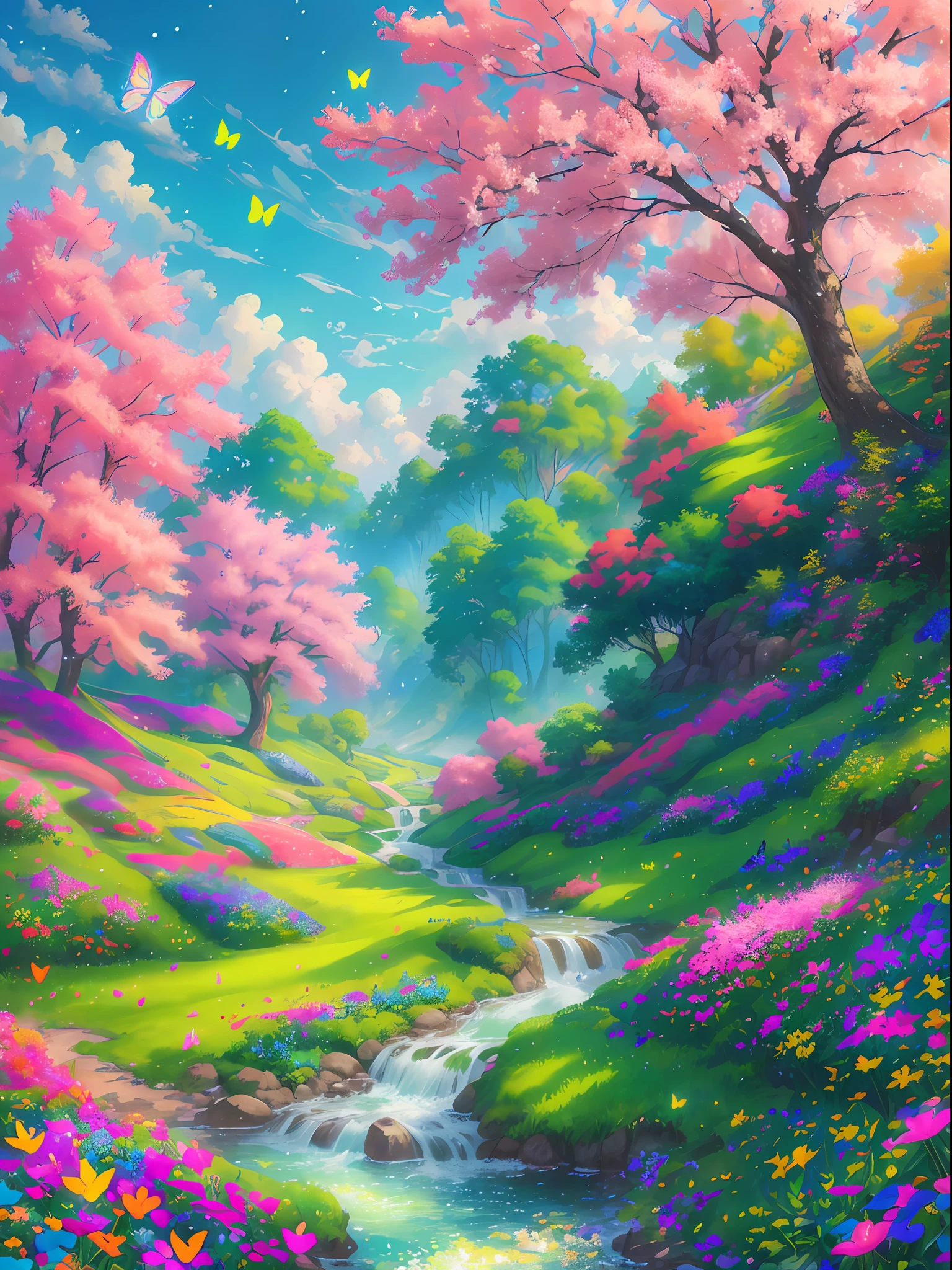 masterpiece, best quality, high quality, extremely detailed cg unity 8k wallpaper, an extremely colorful and purely fantasy environment with vibrant hues and a bright sky, landscape of bright green grass, colorful trees, glittering fruits, and bright blue flowers. the streams are a deep shade of blue, and the air is filled with sweet exotic scents. the environment appears to be taken out of a dream, with luminescent butterflies and giant colorful birds flying around, award winning photography, bokeh, depth of field, hdr, bloom, chromatic aberration ,photorealistic,extremely detailed, trending on artstation, trending on cgsociety, intricate, high detail, dramatic, art by midjourney