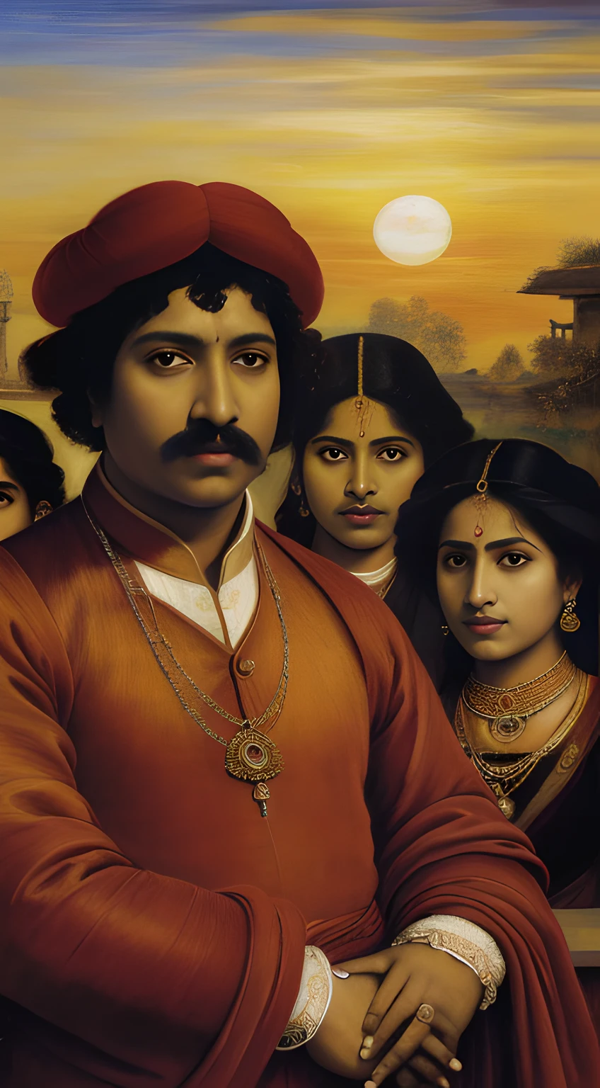 (masterpiece, oil painting, best quality:1.2), social reformers, (Raja Ram Mohan Roy in the center:1.3), defiance in their eyes, debating against Sati, village setting, traditional Indian homes, worried onlookers, women huddled, (glow of the setting sun:1.1), visual symbolism, warm hues, extreme close-up, diagonal shot.