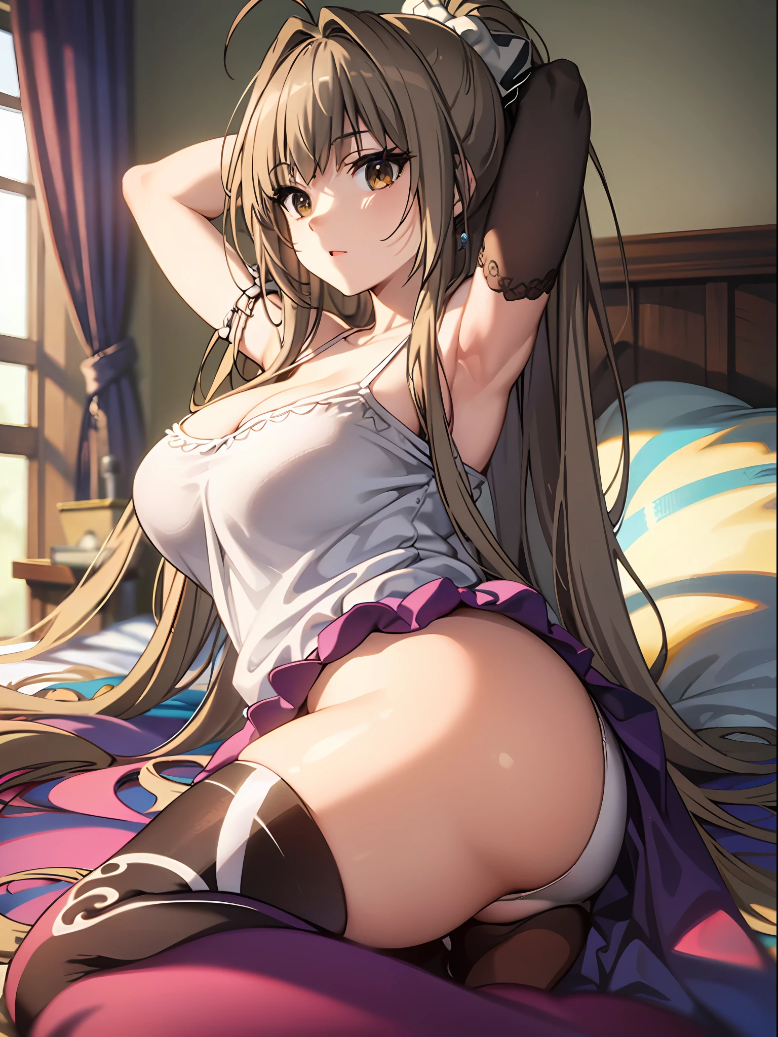 (masterpiece)), ((best quality)), (ultra-detailed), ((kawaii)), cute, (lovely), ((extremely detailed)), 4K, (8K), best quality, (beautiful),(((world-class quality))), extremely detailed, high resolution, (detailed shaded pretty face), full body, teenager, (((gigantic breasts))), (((sagging breasts))), brown hair, long hair, antenna hair, ponytail, brown eyes, white Camisole blouse, white thighhighs, on the bed, from side