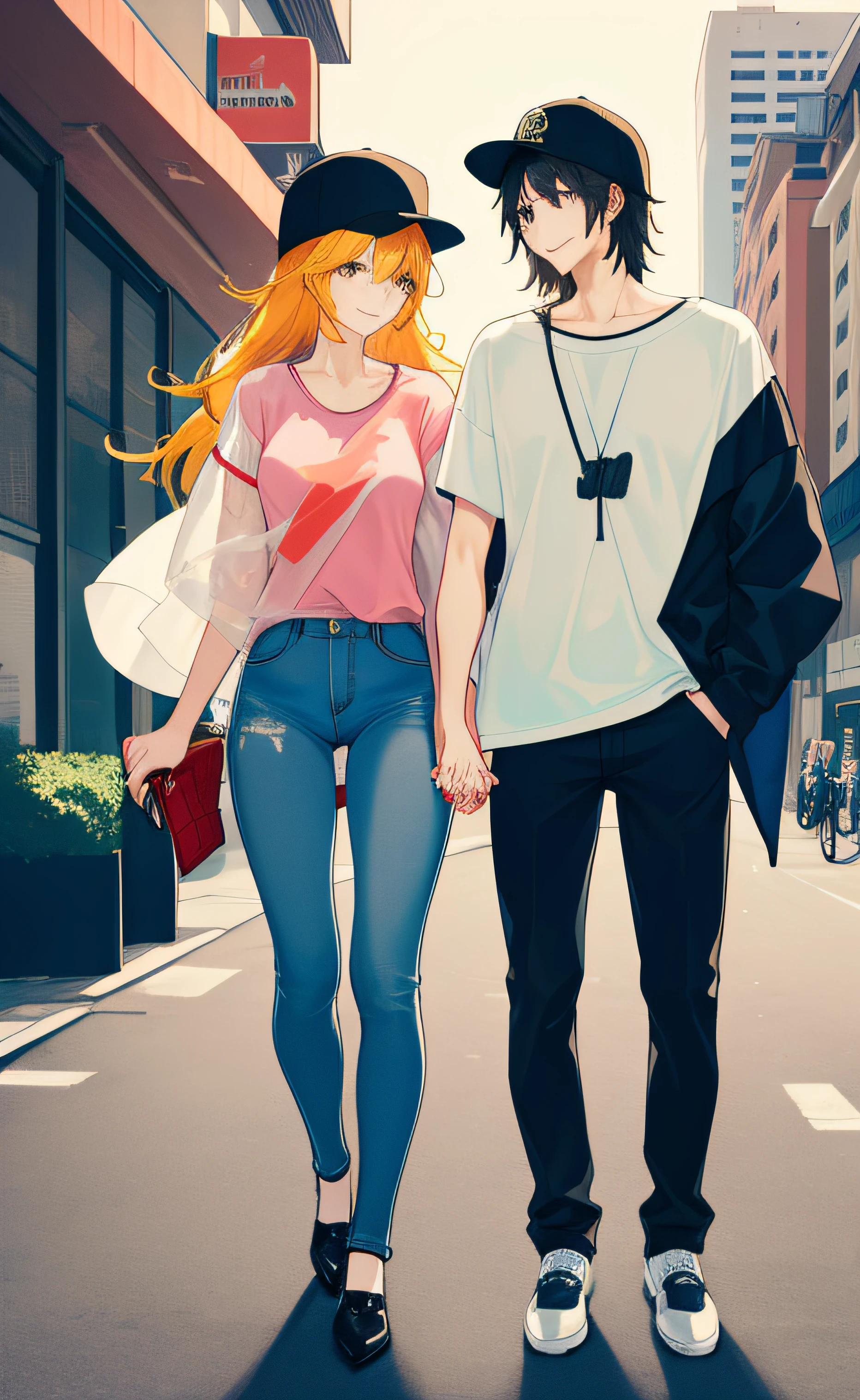 masterpiece, best quality, 2others, couple, 1man with 1woman, Height difference, happy, love, smile, casual clothes, oversized shirt, different fashions, modern urban street, holding hands, hat