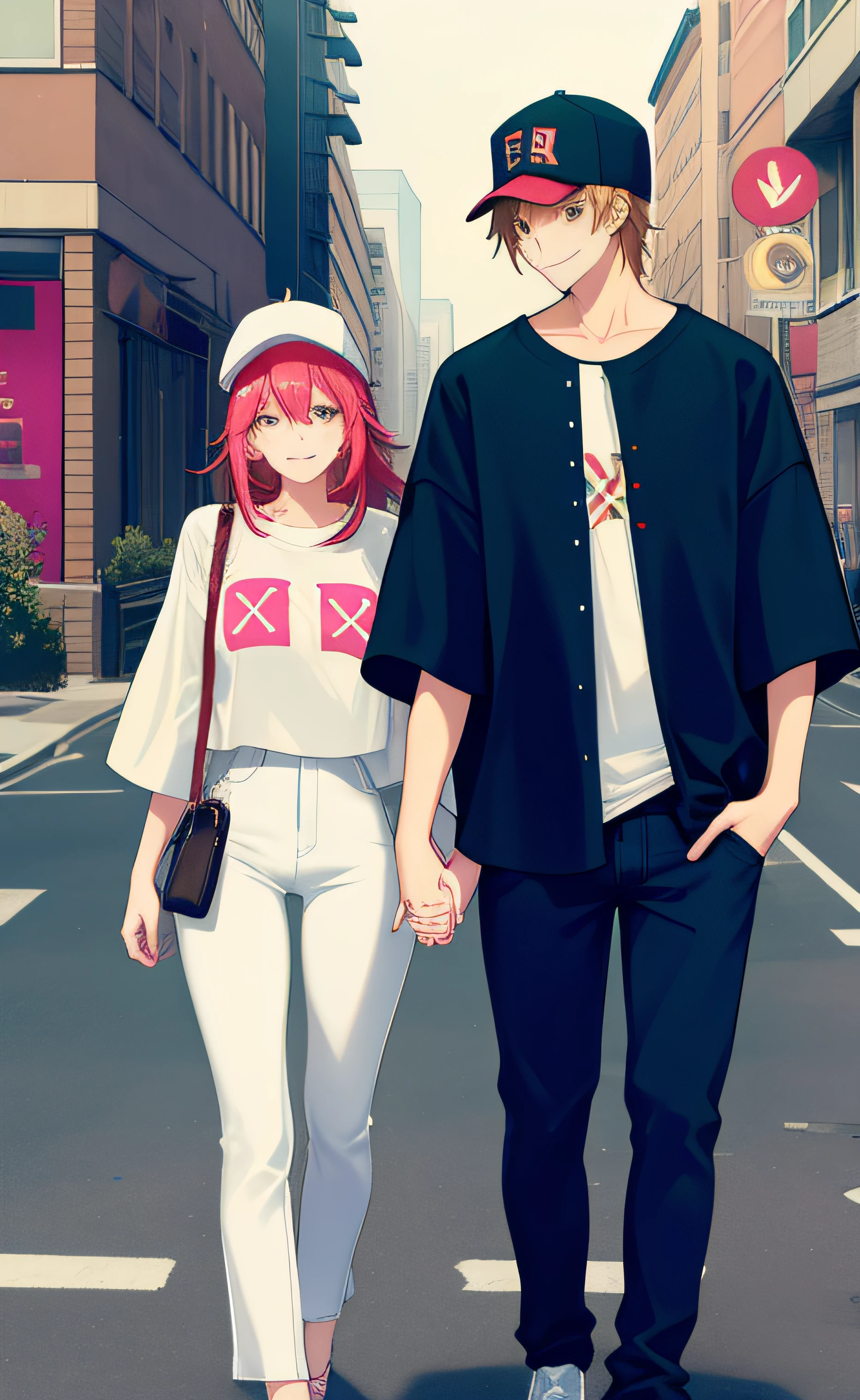 masterpiece, best quality, 2others, couple, 1man with 1woman, Height difference, happy, love, smile, casual clothes, oversized shirt, different fashions, modern urban street, holding hands, hat