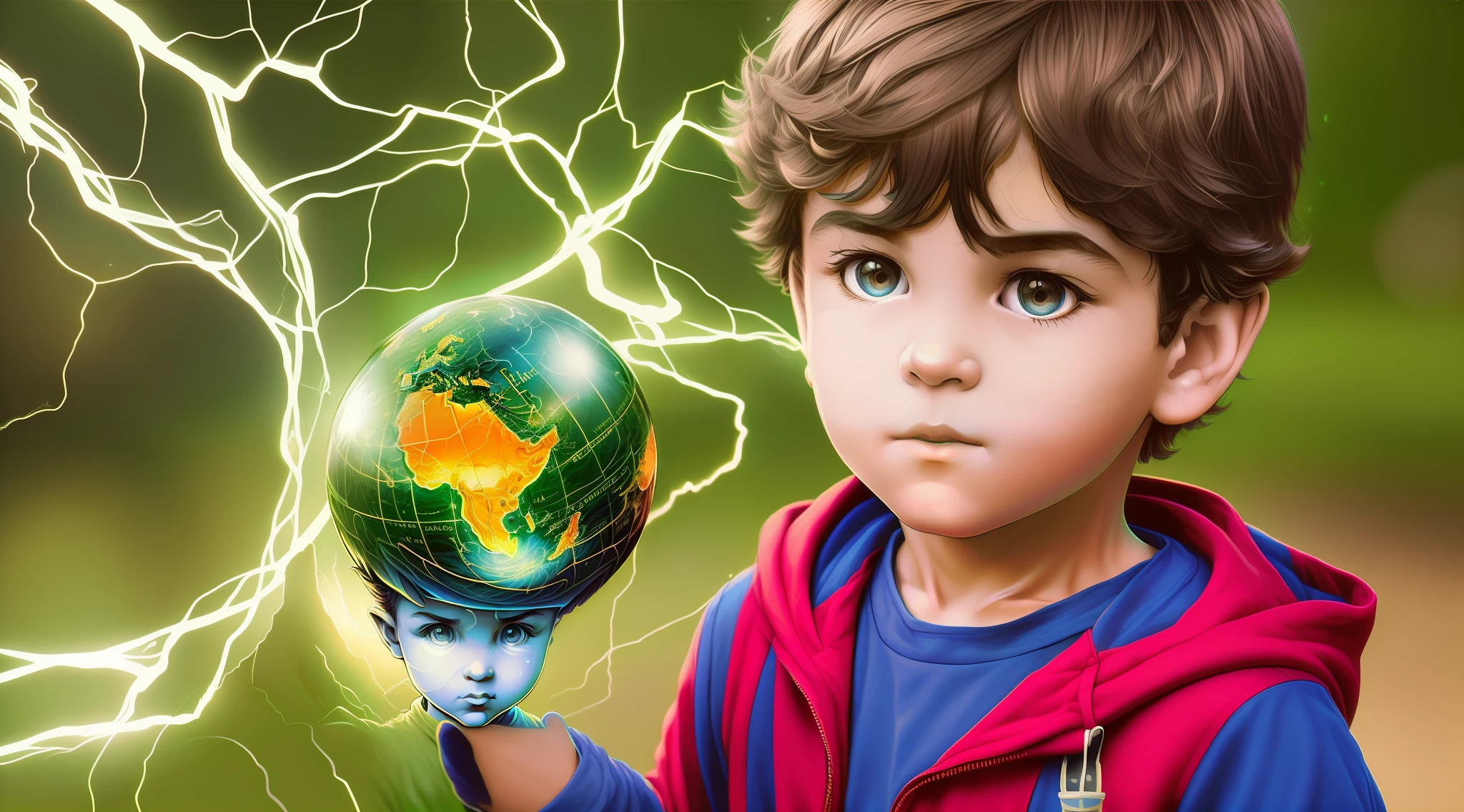 Image of a boy holding a globe in his hand, electricity superpowers, next gen, foto retrato, photo manipulation, retrato ambiental, segurando a terra, eletrizante, retrato de alta qualidade, mid portrait, foto de retrato, foto de retrato em close-up, foto retrato, photo - manipulation, an amazing photo, retrato, segurando uma terra em miniatura, retrato ambiental, educativo