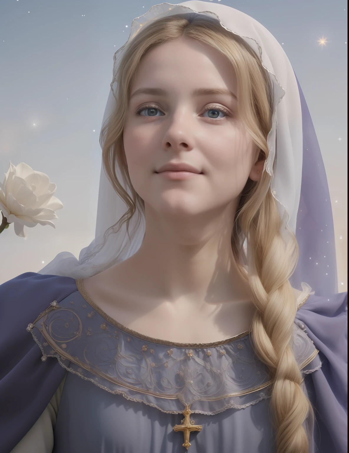 (((Blessed Virgin Mary))) (((of 17 years old)))  (((looking very pious)))  . Obra maestra, (La mejor calidad: 1.2), (super fine: 1.2), illustration, (extremadamente delicado y hermoso: 1.2), movie angle, flotante, (Hermoso ojo de detalle: 1.1), (detalle luz: 1.1), Movie Lights, Cielo delicado, ojos azules, (Cola de caballo alta: 1.1), capa, ojuelos, (luna: 1. 2), (Luz de la luna: 1.1), cielo estrellado, (light particles: 1.1) dibujo, flor. (Obra maestra), (La mejor calidad), (fotorrealista:1.3), 8k, Textura detallada de la piel, Textura detallada de la tela, Hermosa cara detallada, Detalles intrincados, Ultra detallado (cuerpo de cuerpo entero:1.2)