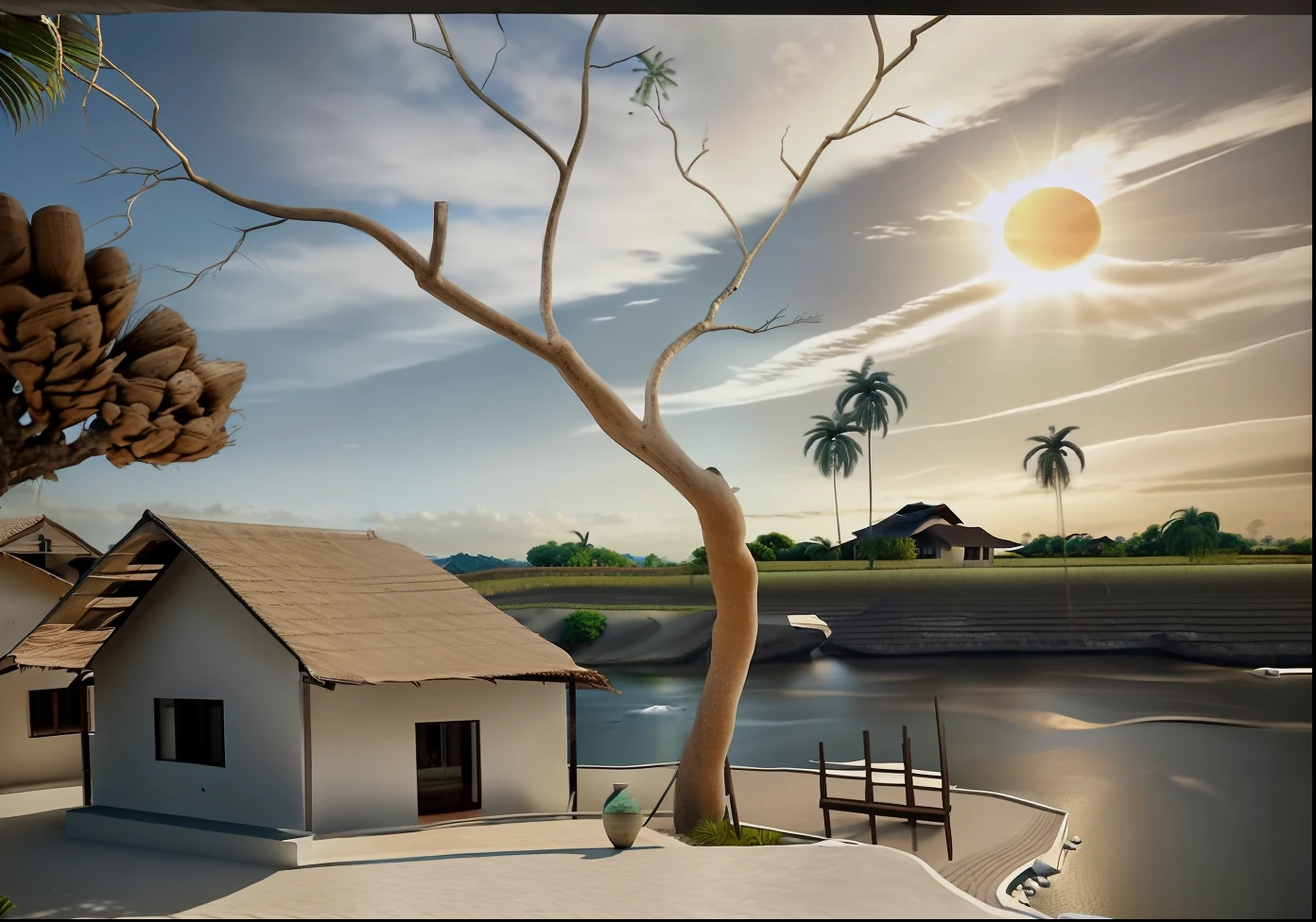 Real fotoshot, realistic, masterpiece, fhotorealistic, simple house, dry trees, behind the house you can see a river flowing, and across the river you can see coconut trees and a sky with the sun, 8k hd, --ar--2:3