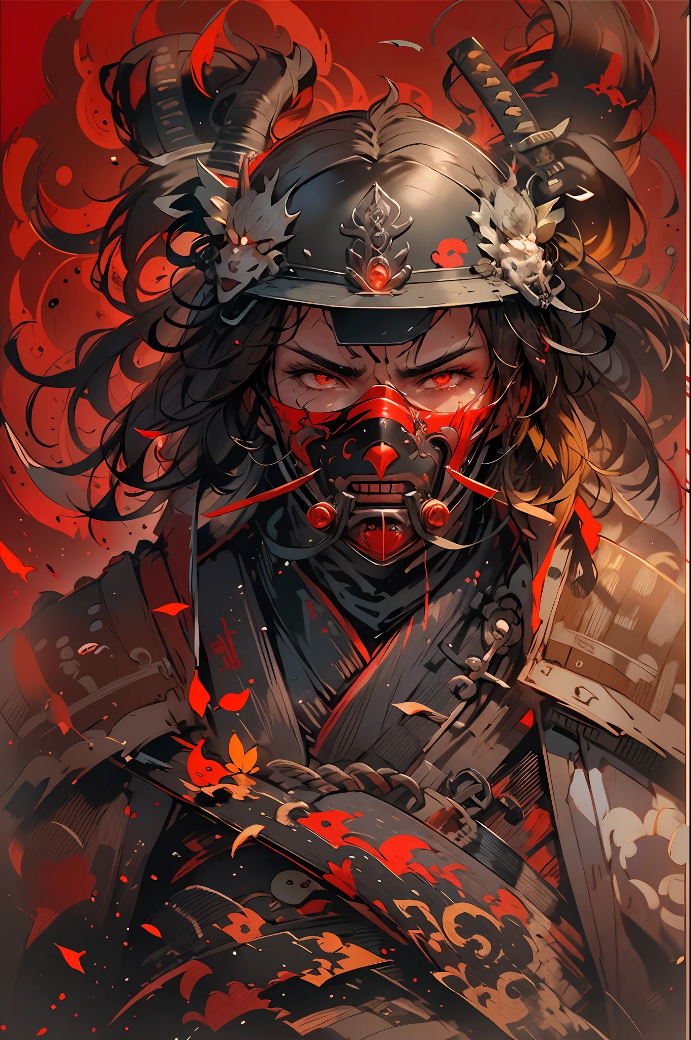 Soldado samurai, capacete vermelho, mask in the mouth, visible eyes, rosto e capacete detalhados, close no rosto, illustration, lado a lado.