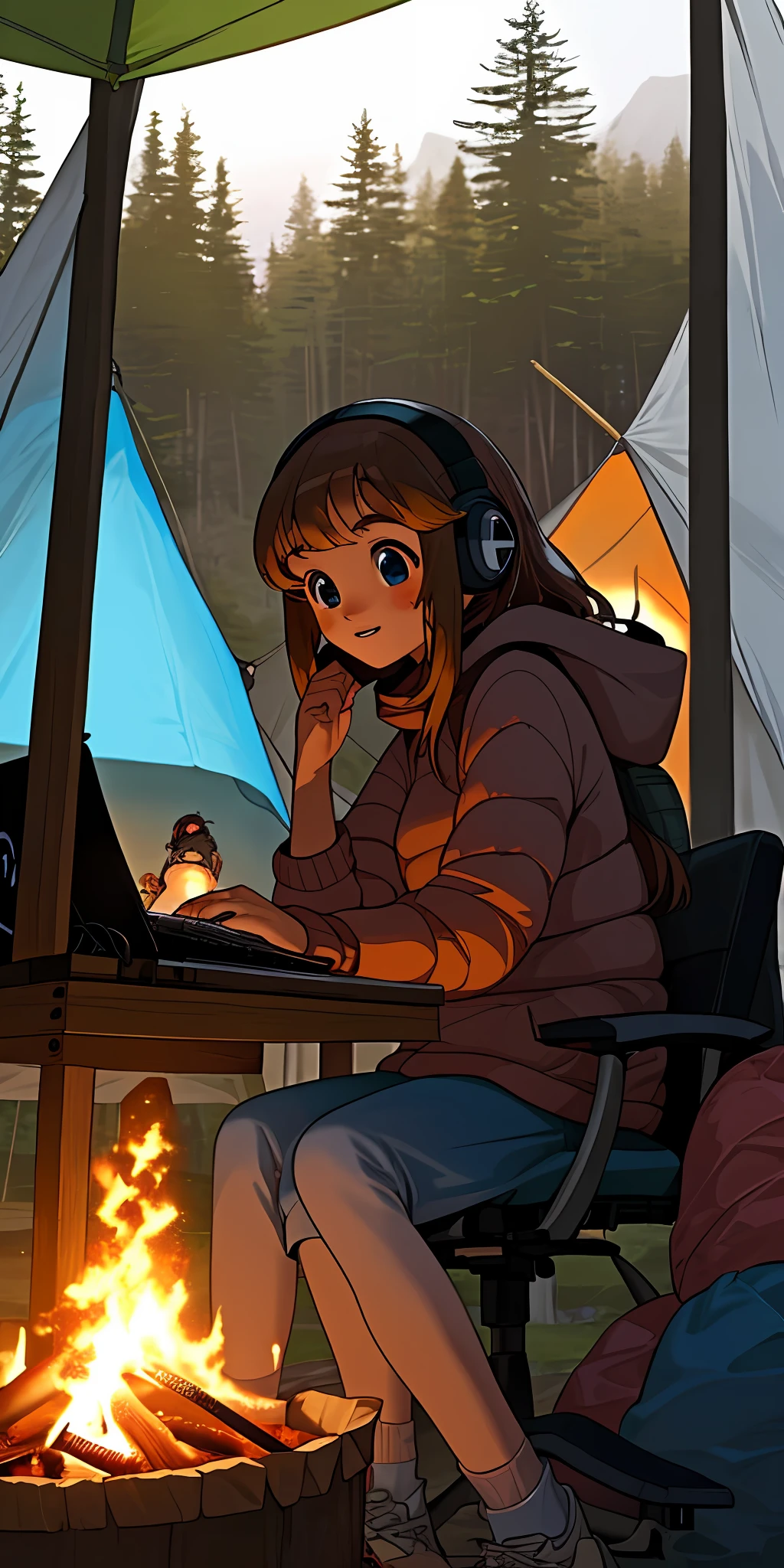 a  girly girl gamer  playing at her computer on a outdoor outside  camp trip with tent and campfire