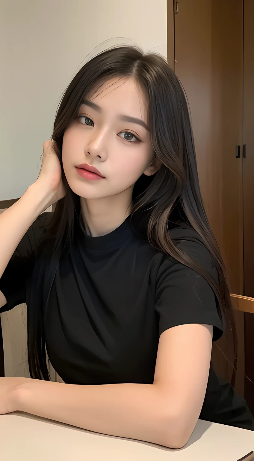 ((Best Quality, 8k, Masterpiece: 1.3)), Odak: 1.2, Perfect Body Beauty: 1.4, Buttock: 1.2, ((long hair)), ( Region: 1.1), (sun, Sokak:1.3), -Interior-the-Shoulder black T-shirt : 1.1, Highly detailed facial and skin texture, Beautiful eyes, Double eyelids, Beyaz ten, sin home , real life, real lighting in chair