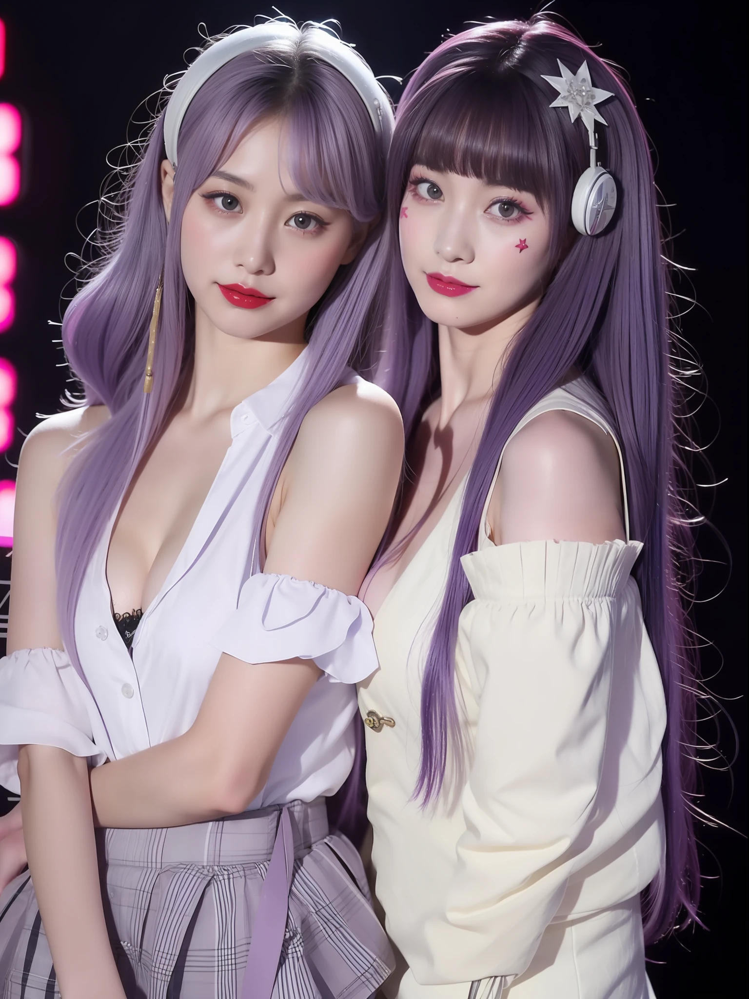 schoolgirls,Purple colored hair,With silver headphones,Red eyes,Red lips are attractive,The upper part of the body,white shirt,cropped shoulders,huge tit,There are flower tattoos on the shoulders