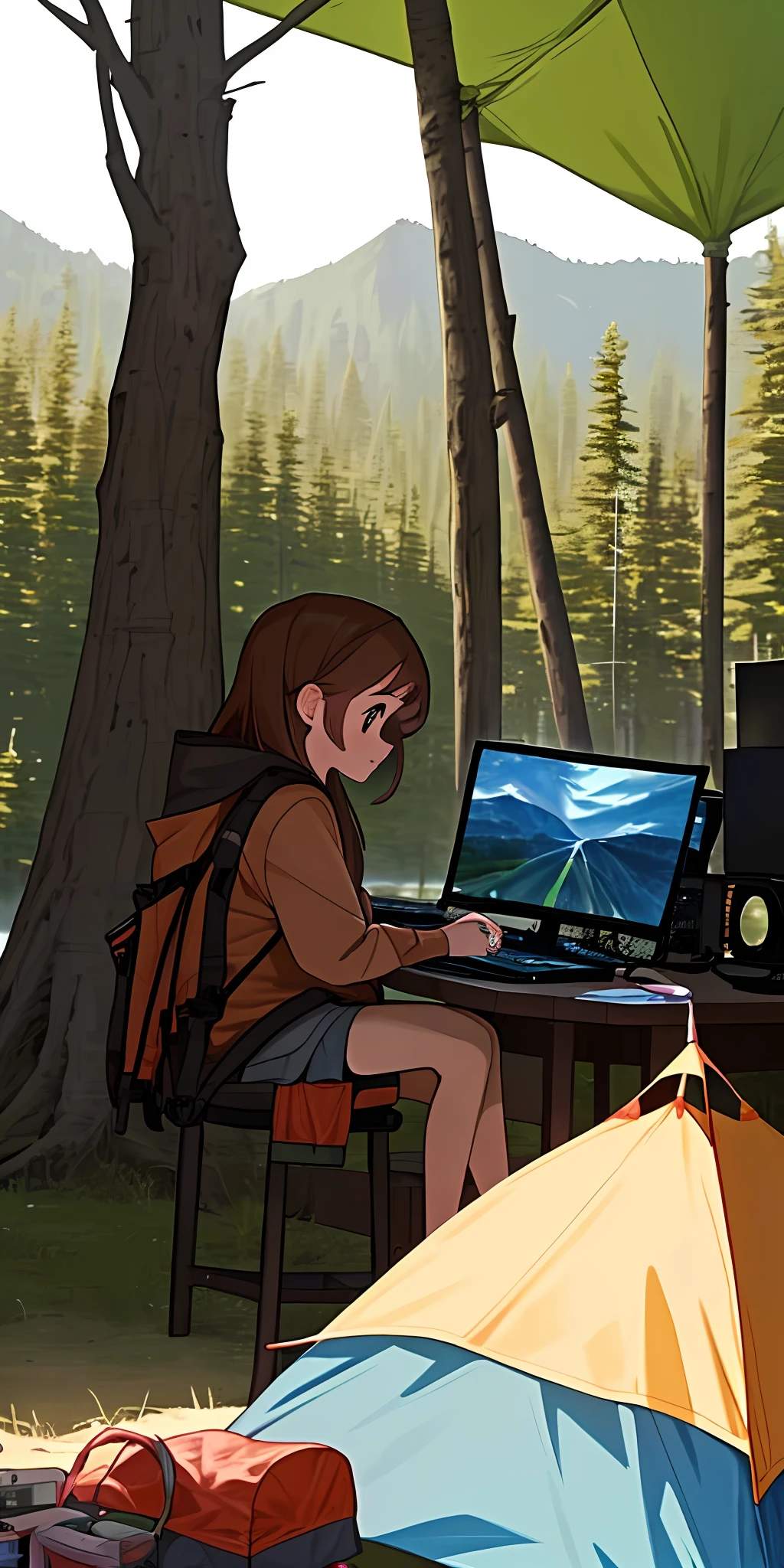 a girly girl gamer playing at her computer on a outdoor outside camp trip with tent and campfire