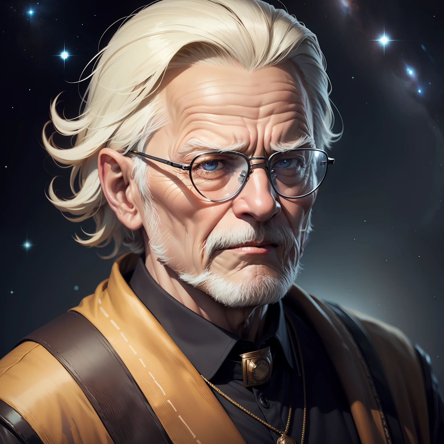 Old man with glasses, philosopher stoically glasses , em fundo de galaxia