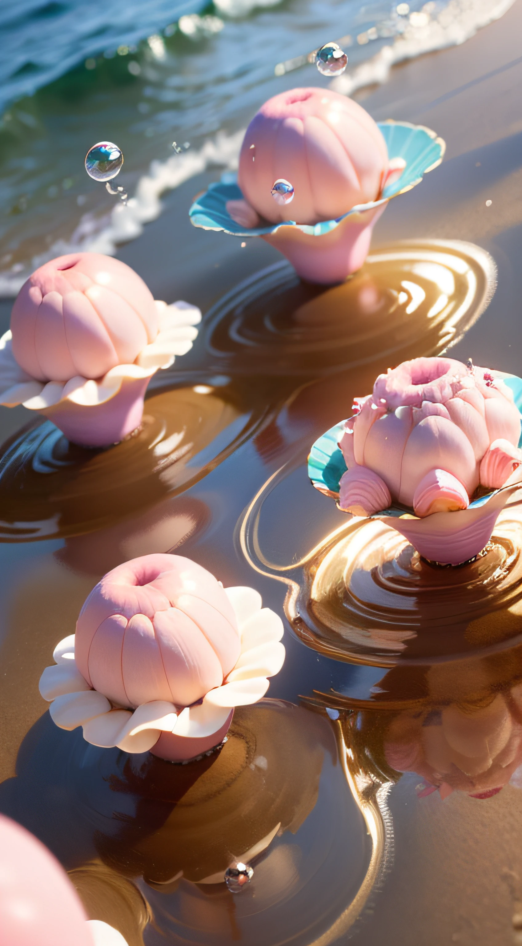 (8k, RAW photo, best quality, masterpiece: 1.2), (realistic, realistic: 1.37) There are many pink shells on the beach, there is water, pearl, pearl and shell, soft spill, pearlization, pink jellyfish everywhere, soft 3D rendering, ethereal bubbles, bubble landscape, Iray shader, soft pink, pink reflection, pearl sky, shells, paradise pink, pastel colors, pink pastels