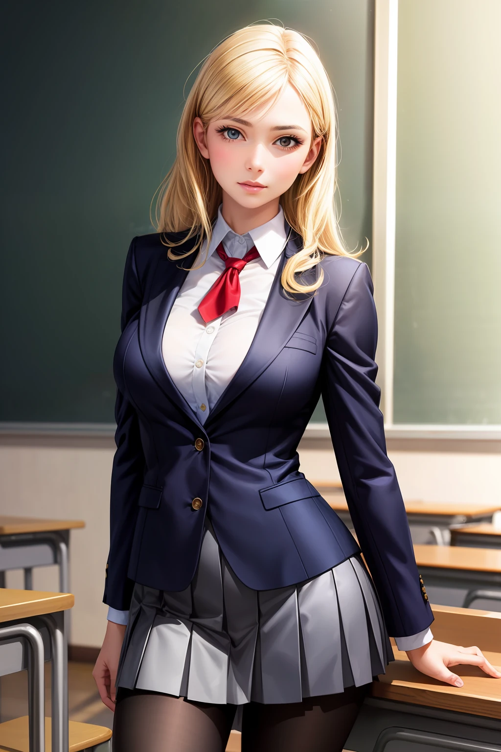 masterpiece, best quality, ultra-detailed, portrait, blazer, breast focus, (realistic:1.2), 1Girl, solo, intimate, blonde hair, classroom, ultra glamourous, pantyhose, pleated skirt, detailed face