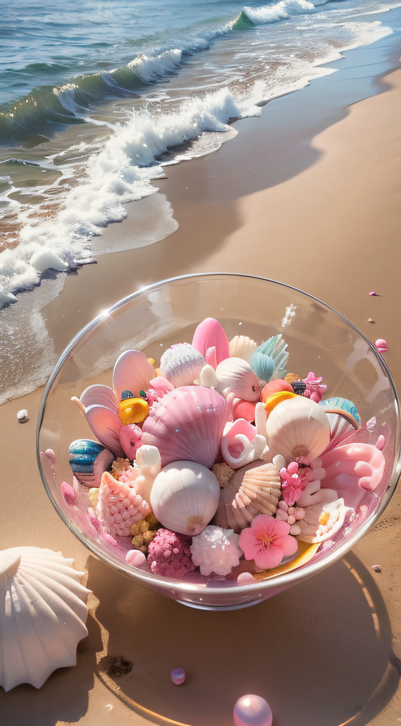 (8k, RAW photo, best quality, masterpiece: 1.2), (realistic, realistic: 1.37) There are many pink shells on the beach, there is water, pearl, pearl and shell, soft spill, pearlization, pink jellyfish everywhere, soft 3D rendering, ethereal bubbles, bubble landscape, Iray shader, soft pink, pink reflection, pearl sky, shells, paradise pink, pastel colors, pink pastels