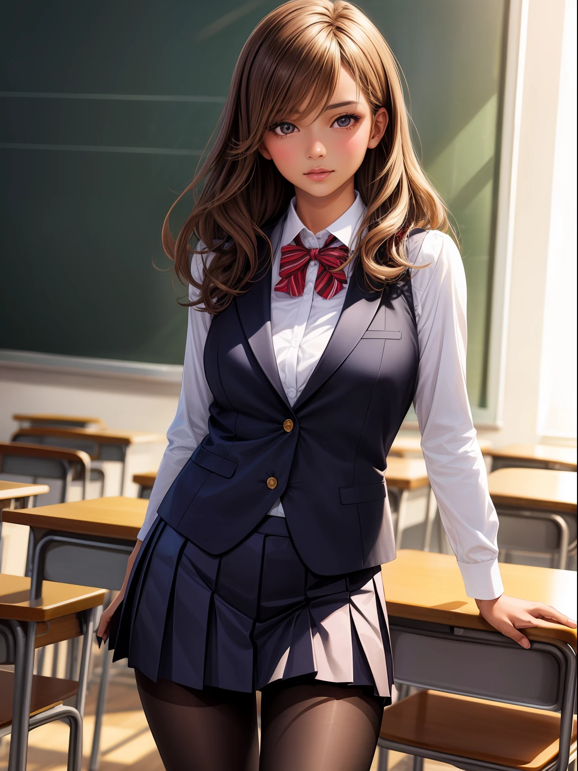 masterpiece, best quality, ultra-detailed, illustration, (realistic:1.2), 1Girl, solo, dark tan skin, caramel brown hair, classroom, yuri, intimate, blazer, ultra glamourous, gyaru, vest, pantyhose, pleated skirt