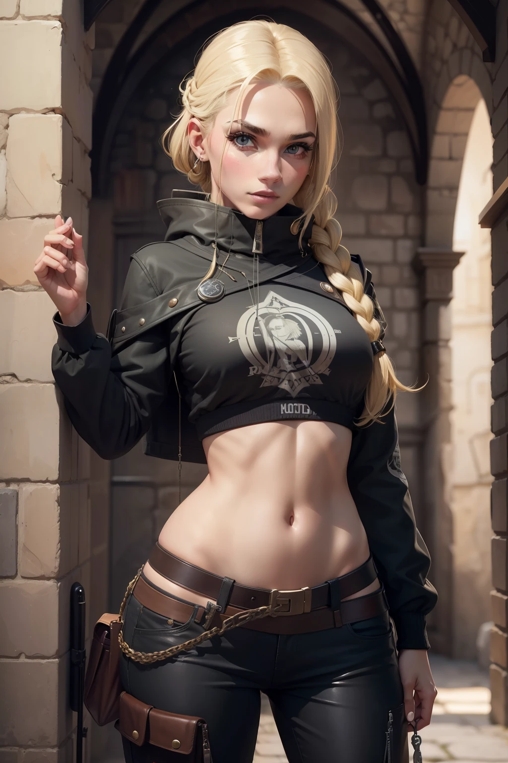 garota, blonde hair, moletom anarquista, Archer, 23 anos, barriga a mostra, colar negro, branca, europeia, segurando um arco e flecha, moletom preto, black battle pants.