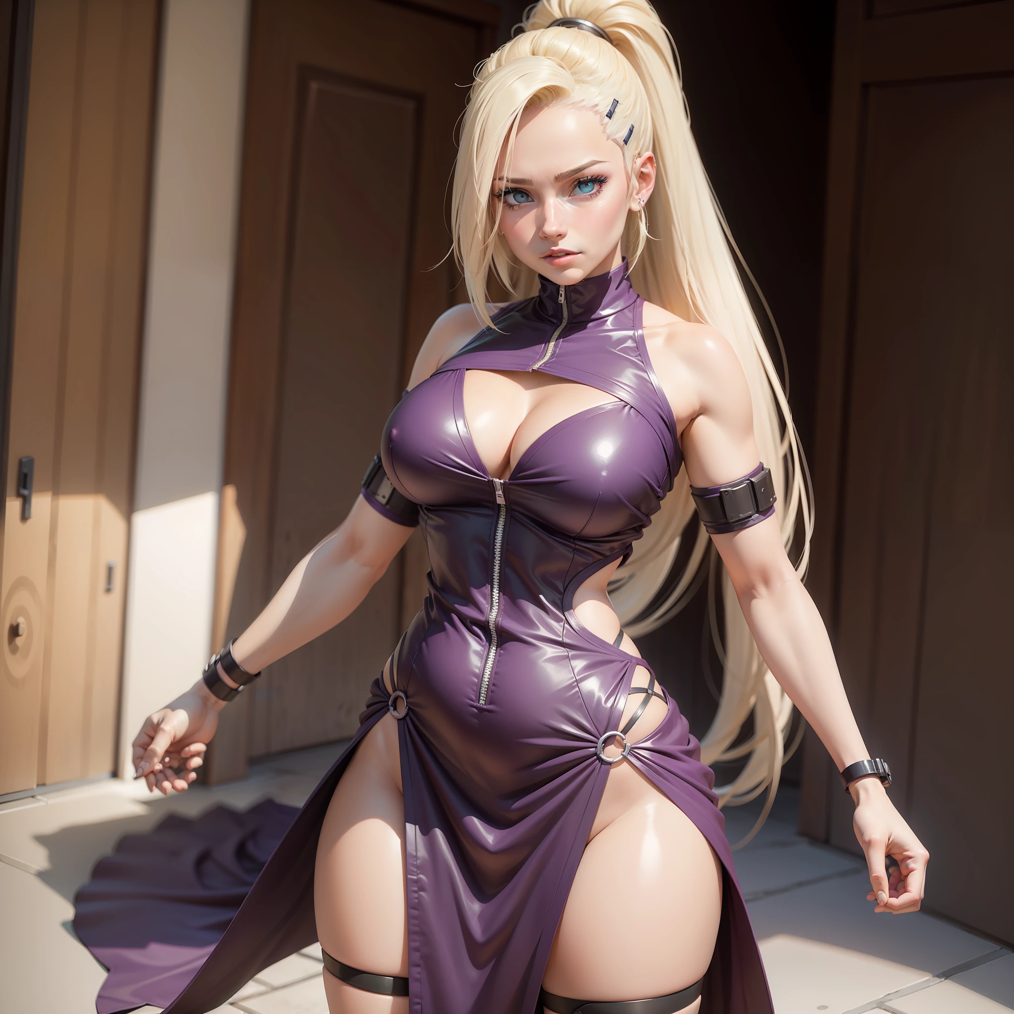 Ino yamanaka, linda e alta super realista e bem detalhado, olhos perfeitos, vestido roxo escuro, (master part, best quality, 1girl, sozinho, detalhes intrincados, ultra hiper realista, anime naruto, corpo inteiro,((Obra-prima)), olhos perfeitos e reais, perfect arms, standingn