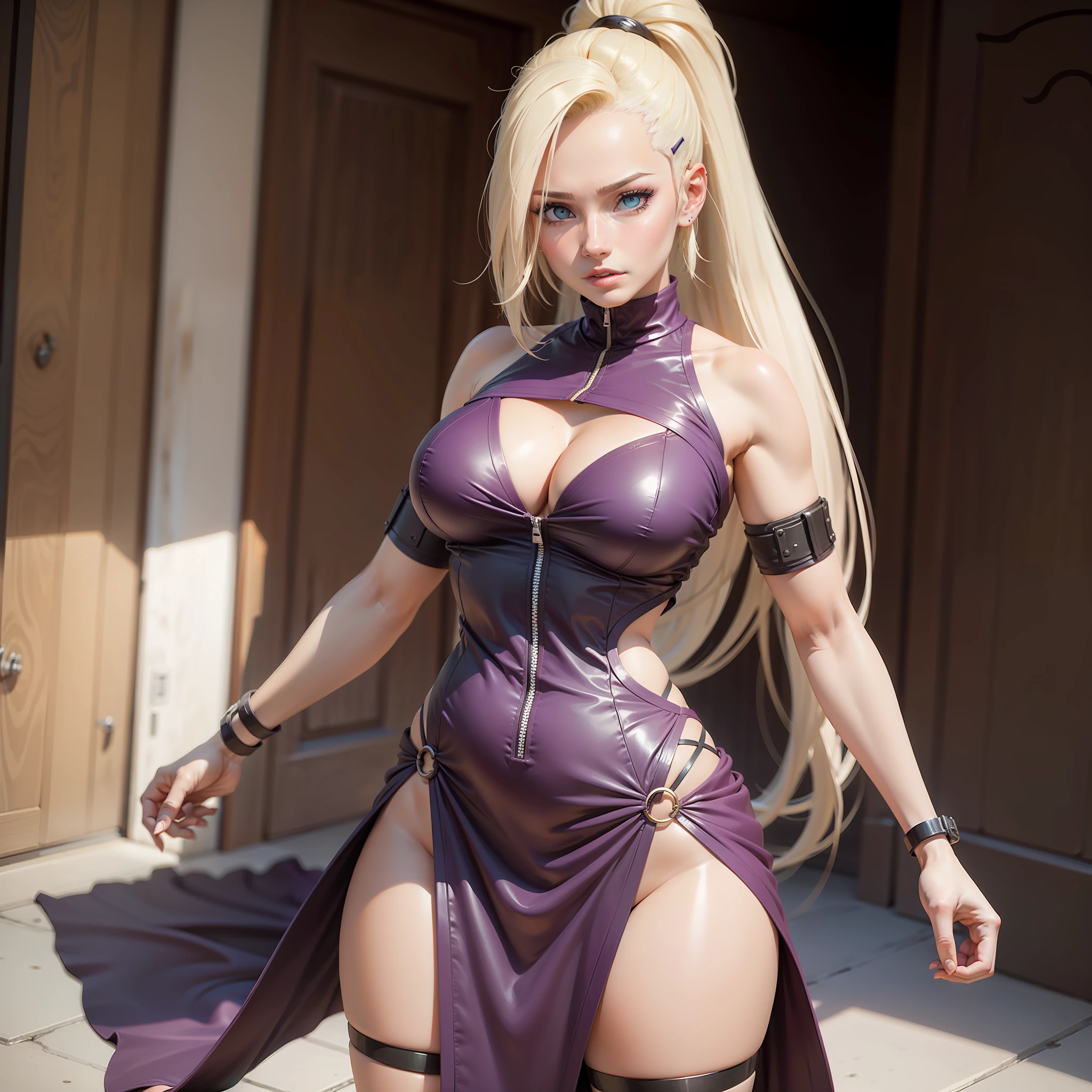 Ino yamanaka, linda e alta super realista e bem detalhado, olhos perfeitos, vestido roxo escuro, (master part, best quality, 1girl, sozinho, detalhes intrincados, ultra hiper realista, anime naruto, corpo inteiro,((Obra-prima)), olhos perfeitos e reais, perfect arms, standingn