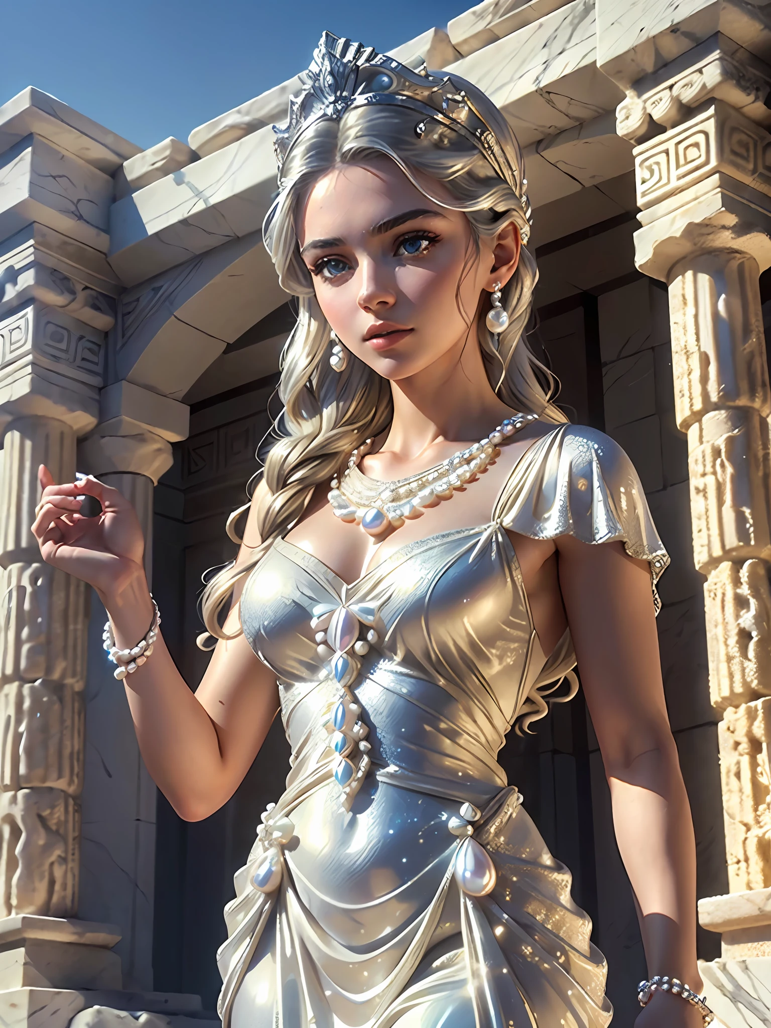 (masterpiece), (best quality), ((ultra-detailed)), (highly detailed analog style photo), natural lighting, photorealistic, extremely beautiful young lady in the marble rocks, dramatic pose, intricate detailed silver glittering ancient greek style pearl dress, shining, gloss, crisp, flirty, epic, focus, artistic, very bright, intricate hairstyle, pattern, bas-relief, cinematic shot