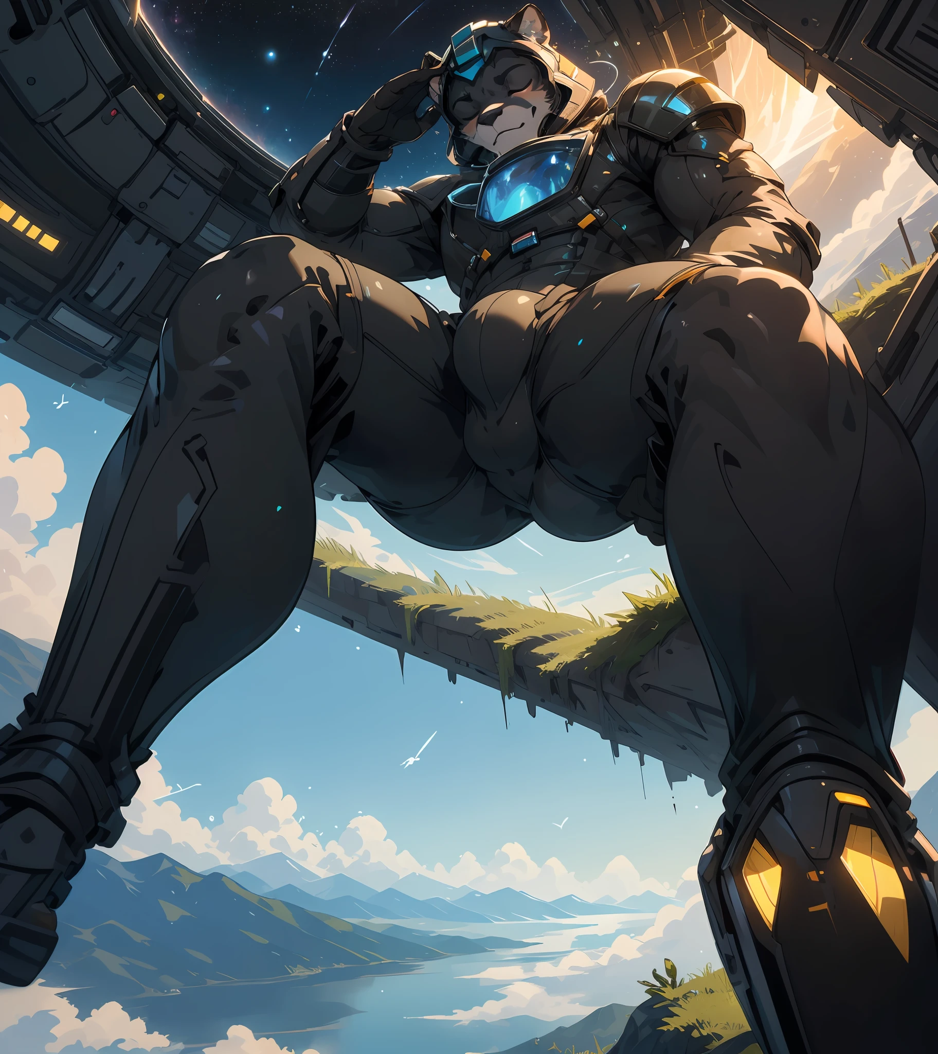 (masterpiece), (best quality), 8k, uhd, insane detail, (all black fur), long black hair, (eyes closed meditating), beautiful eyelashes,, furry, anthro, muscular panther male, astronaut landing on a rocky planet, helmet, view from underneath, slight bulge, trying to find his footing, EasyPositive,