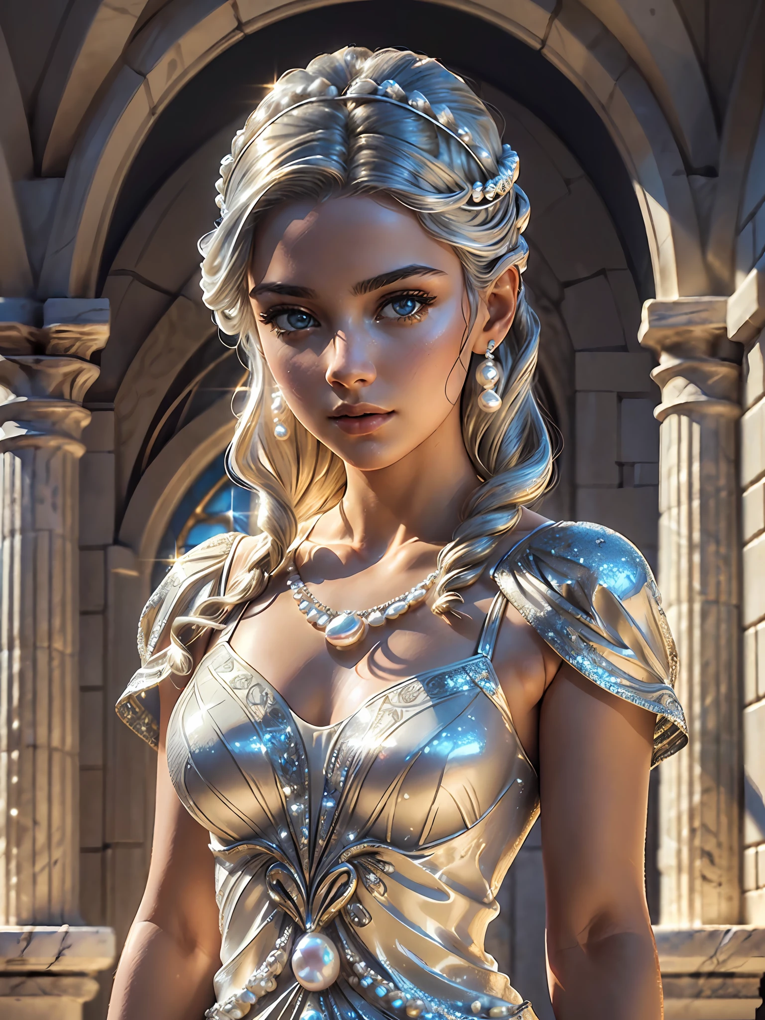 (masterpiece), (best quality), ((ultra-detailed)), (highly detailed analog style photo), natural lighting, photorealistic, extremely beautiful young lady in the marble rocks, dramatic pose, intricate detailed silver glittering ancient greek style pearl dress, shining, gloss, crisp, flirty, epic, focus, artistic, very bright, intricate hairstyle, pattern, bas-relief, cinematic shot
