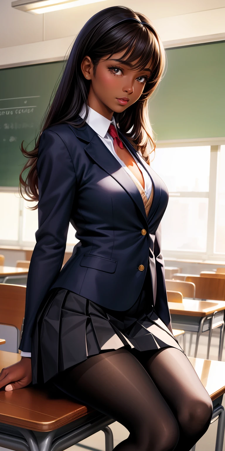 masterpiece, best quality, ultra-detailed, illustration, (realistic:1.2), 1Girl, solo, dark skin, dark hair, classroom, yuri, intimate, blazer, ultra glamourous, gyaru, vest, pantyhose, pleated skirt