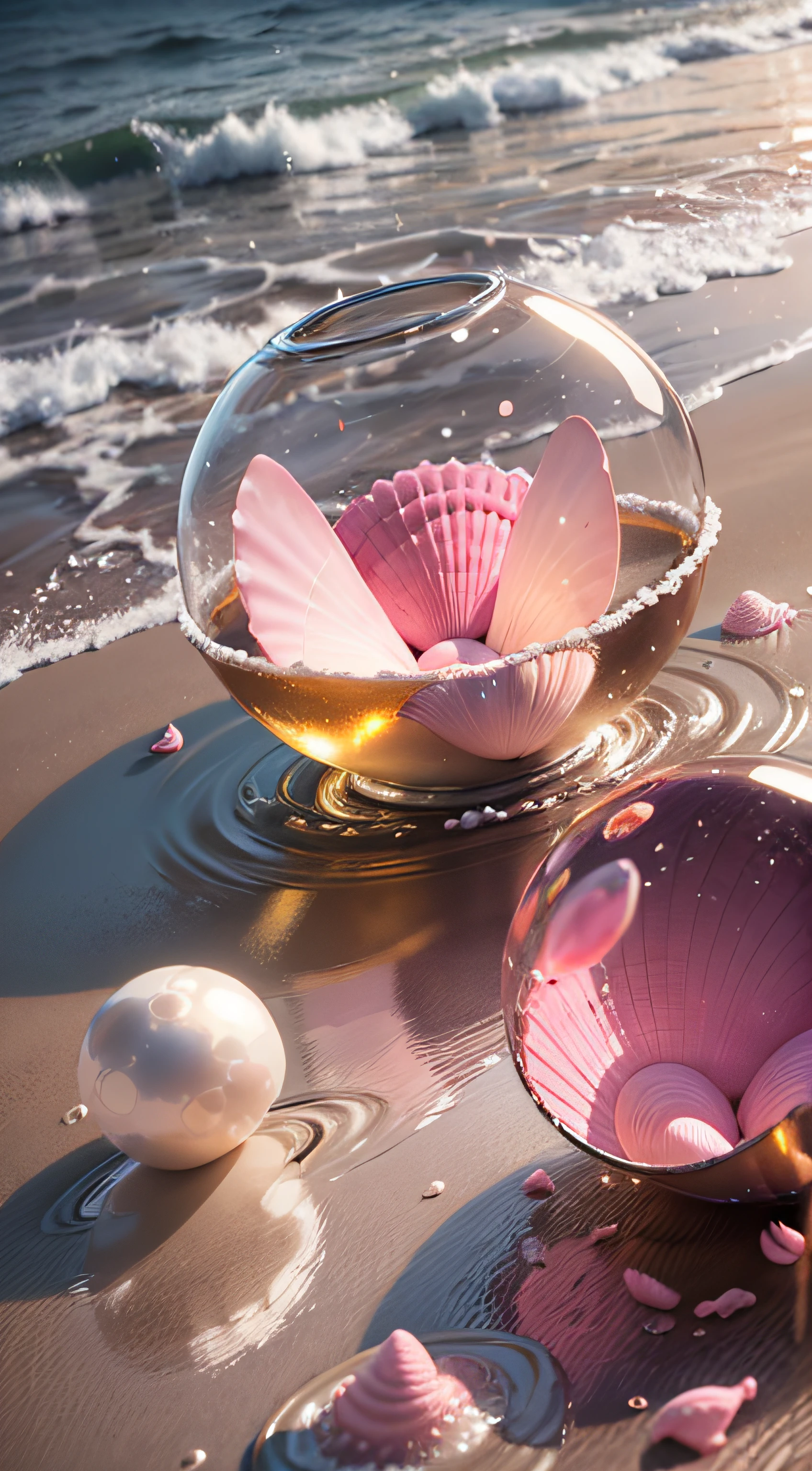 (8k, RAW photo, best quality, masterpiece: 1.2), (realistic, realistic: 1.37) There are many pink shells on the beach, there is water, pearl, pearl and shell, soft spill, pearlization, pink jellyfish everywhere, soft 3D rendering, ethereal bubbles, bubble landscape, Iray shader, soft pink, pink reflection, pearl sky, shells, paradise pink, pastel colors, pink pastels