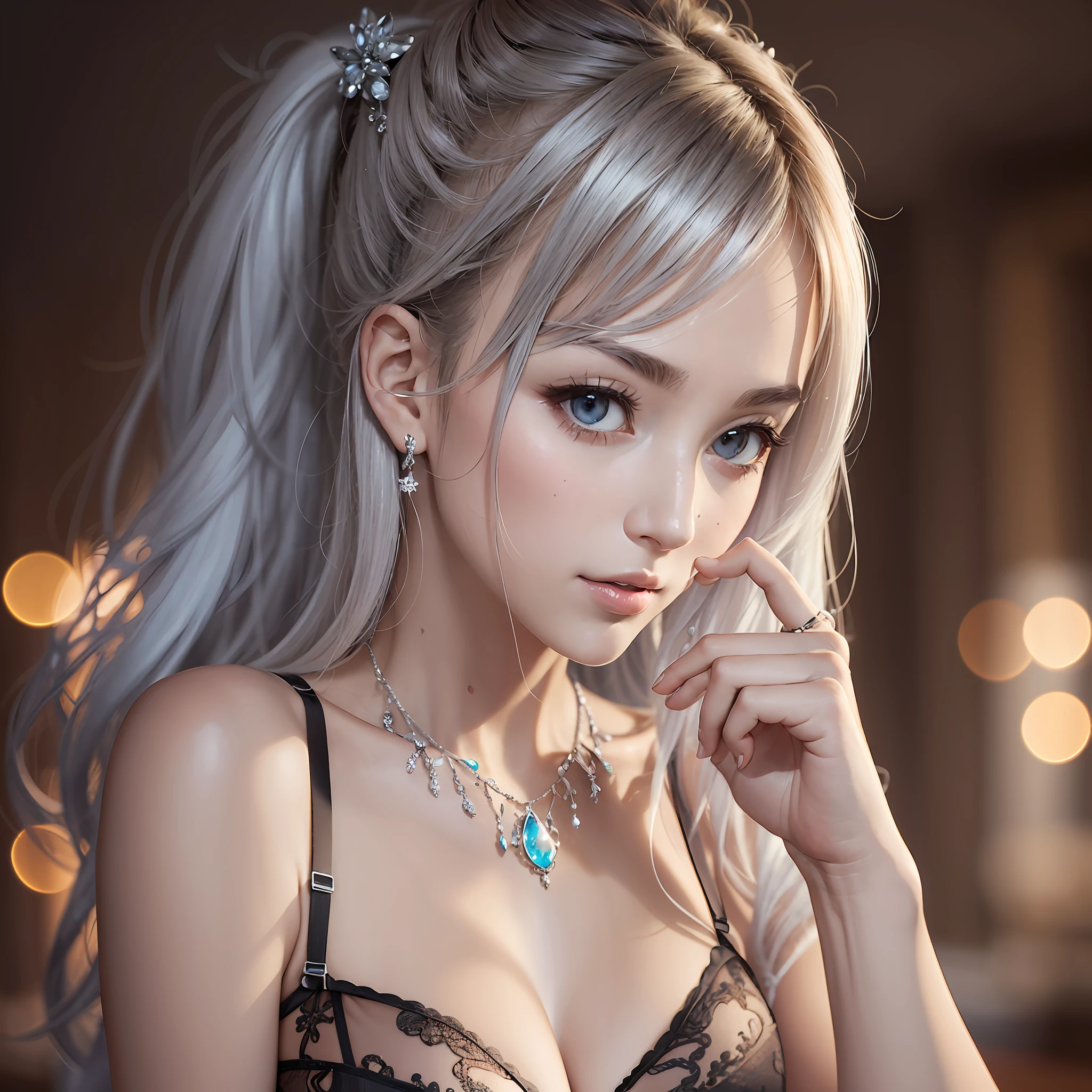 best quality, masterpiece, high_res, 1girl, hair ornament, necklace, jewelry, beautiful face, tyndall effect, realistic photo, rim lighting, (high detailed skin: 1.2), 8k uhd, dslr, soft lighting, high quality, volumetric lighting, candid, photography, high resolution, 4k, 8k, Bokeh, medium breasts, absurd, ancient traditional chinese underwear lingerie, contorted ponytail, best ratio four fingers and a thumb, silver hair.