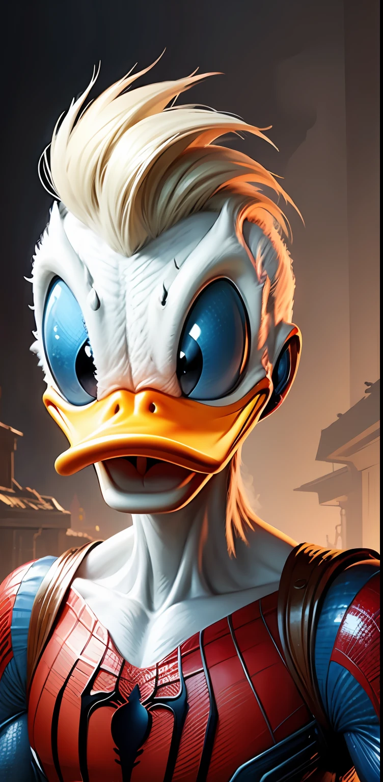 d0nald with spiderman Armor,beautiful blue eyes, crystal clear, duck,4k, realistic