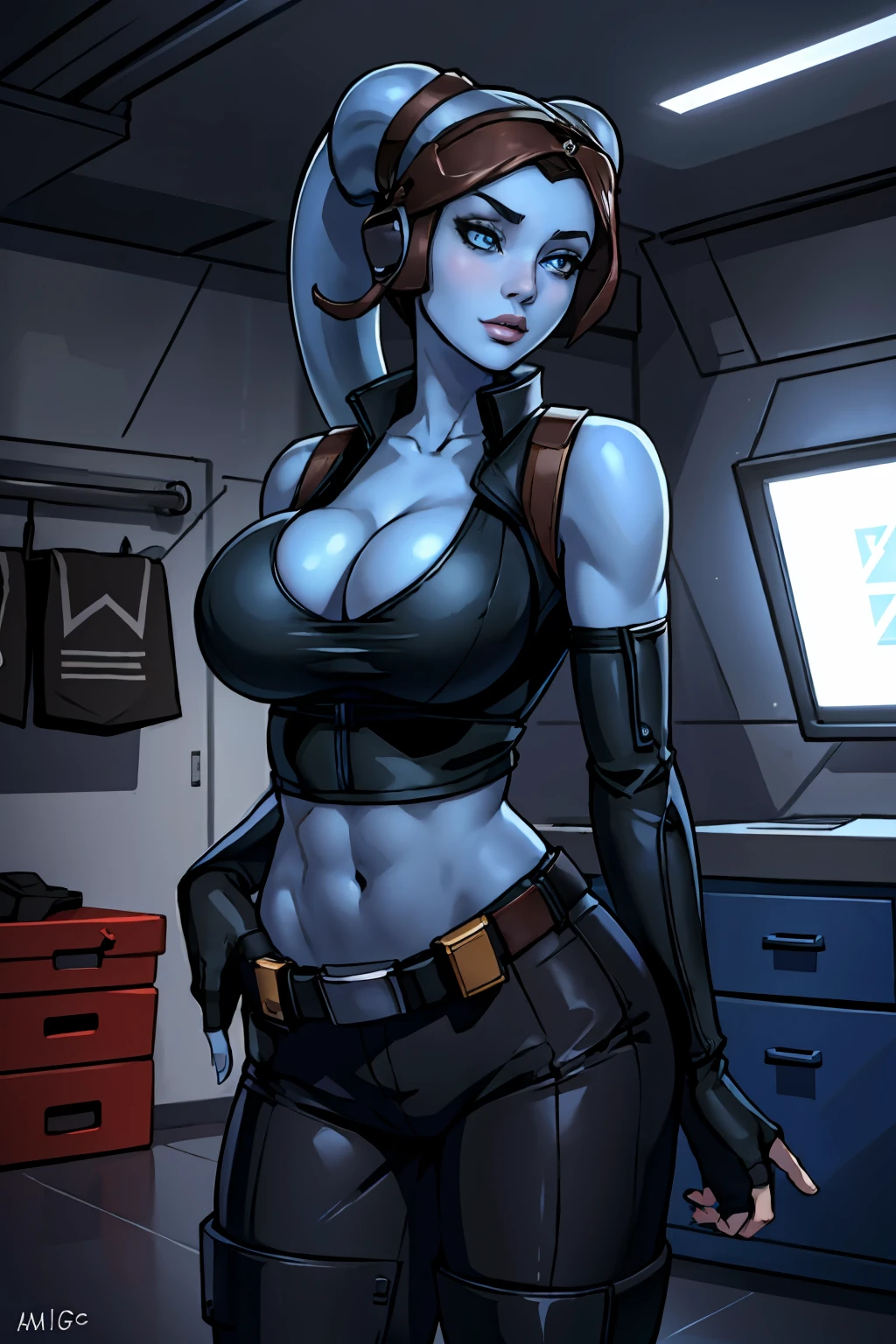 (masterpiece:1.2, best quality:1.2, beautiful, high quality, highres:1.1, aesthetic), detailed, extremely detailed, ambient soft lighting, 4K, perfect eyes, perfect face, perfect lighting, 1girl, (((blue skin)), twi'lek), (wearing black sleeveless shirt, grey utility vest, utility belt, fingerless gloves, tight pants, long boots, ((busty), slender body, thin, slim sexy body, slim waist, (((huge boobs), big cleavage, skindentation))), futuristic warehouse, Star Wars,